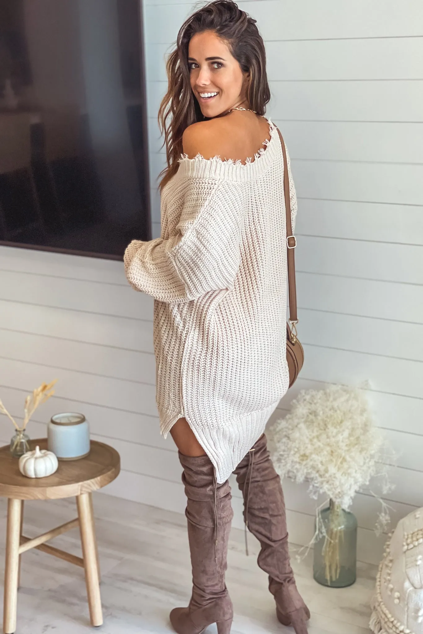 Cream Frayed V-Neck Sweater Dress