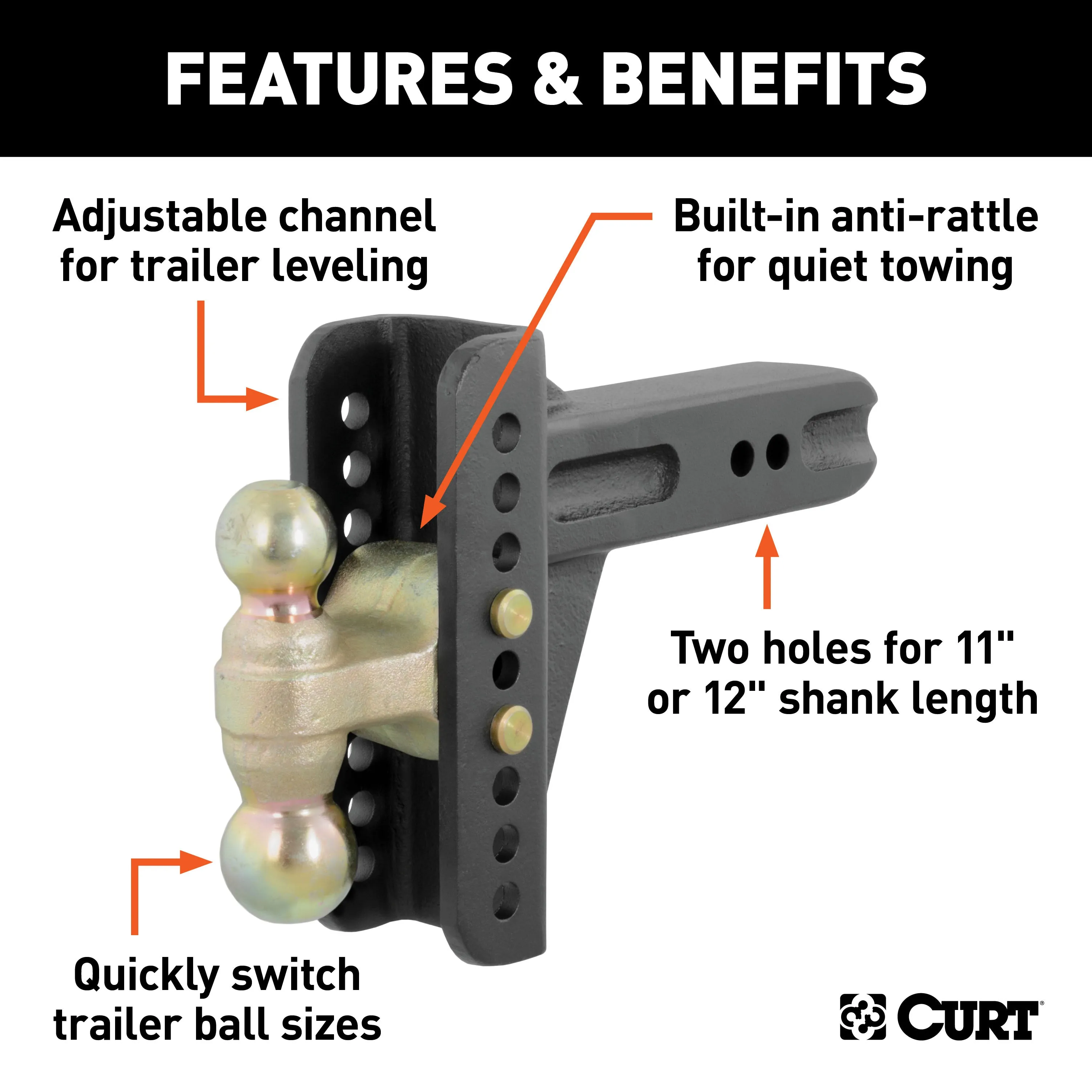 CURT 45902 Adjustable Channel Mount with Dual Ball (2-1/2in. Shank; 20;000 lbs.; 6in. Drop)