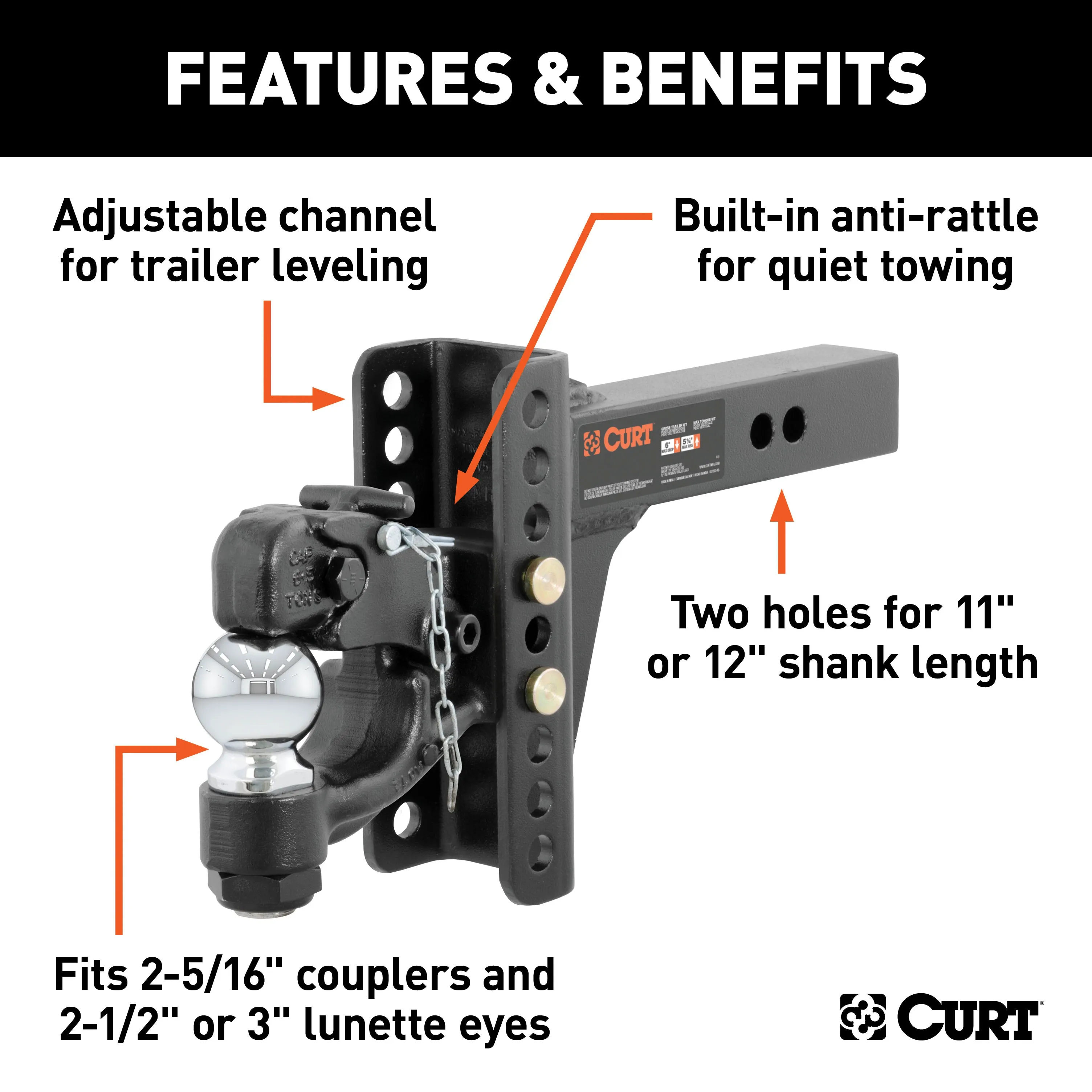 CURT 45907 Adjustable Channel Mount with 2-5/16in. Ball/Pintle (2in. Shank; 13;000 lbs.)