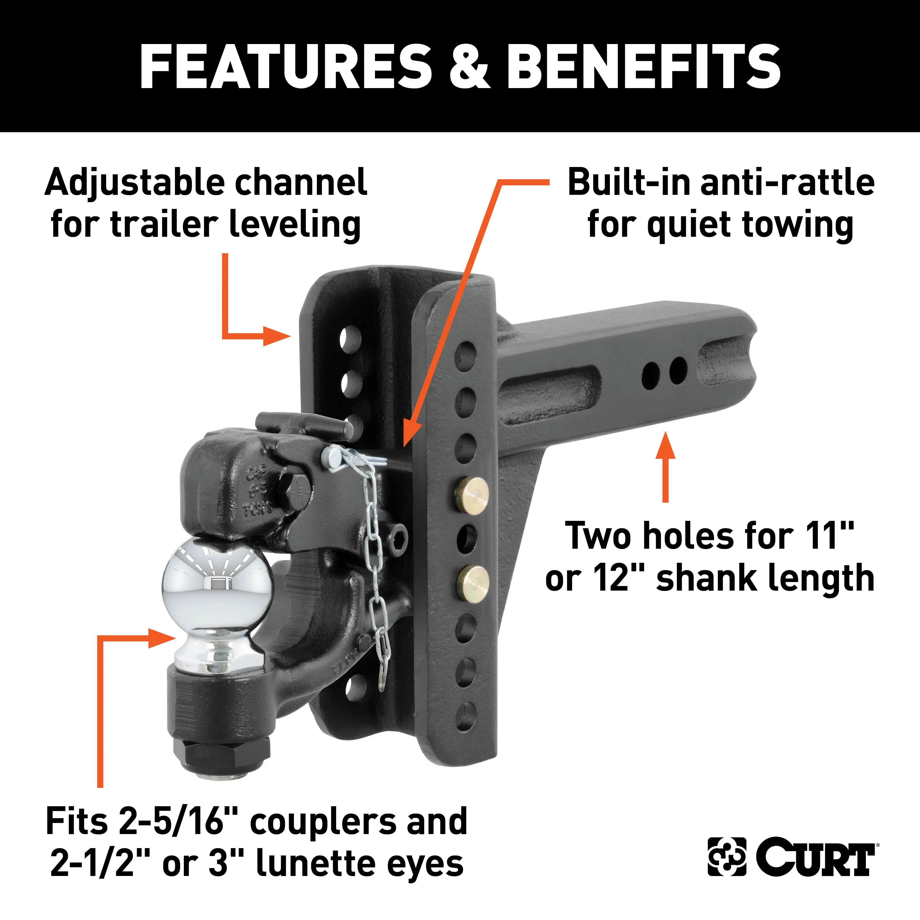 CURT 45908 Adjustable Channel Mount with 2-5/16in. Ball/Pintle (2-1/2in. Shank; 20;000 lbs.