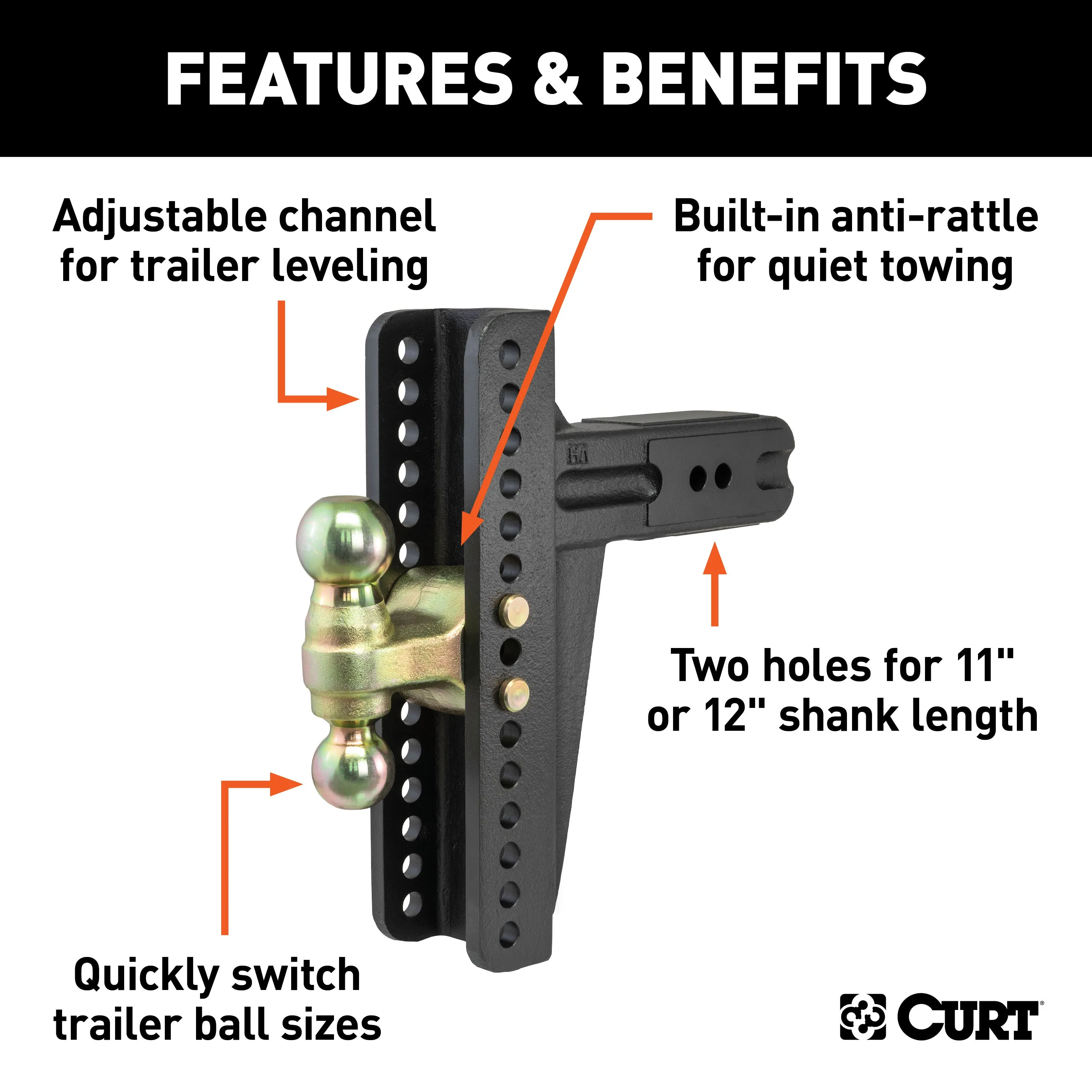 CURT 45928 Adjustable Channel Mount with Dual Ball (3in. Shank; 21;000 lbs.; 10-5/8in. Drop