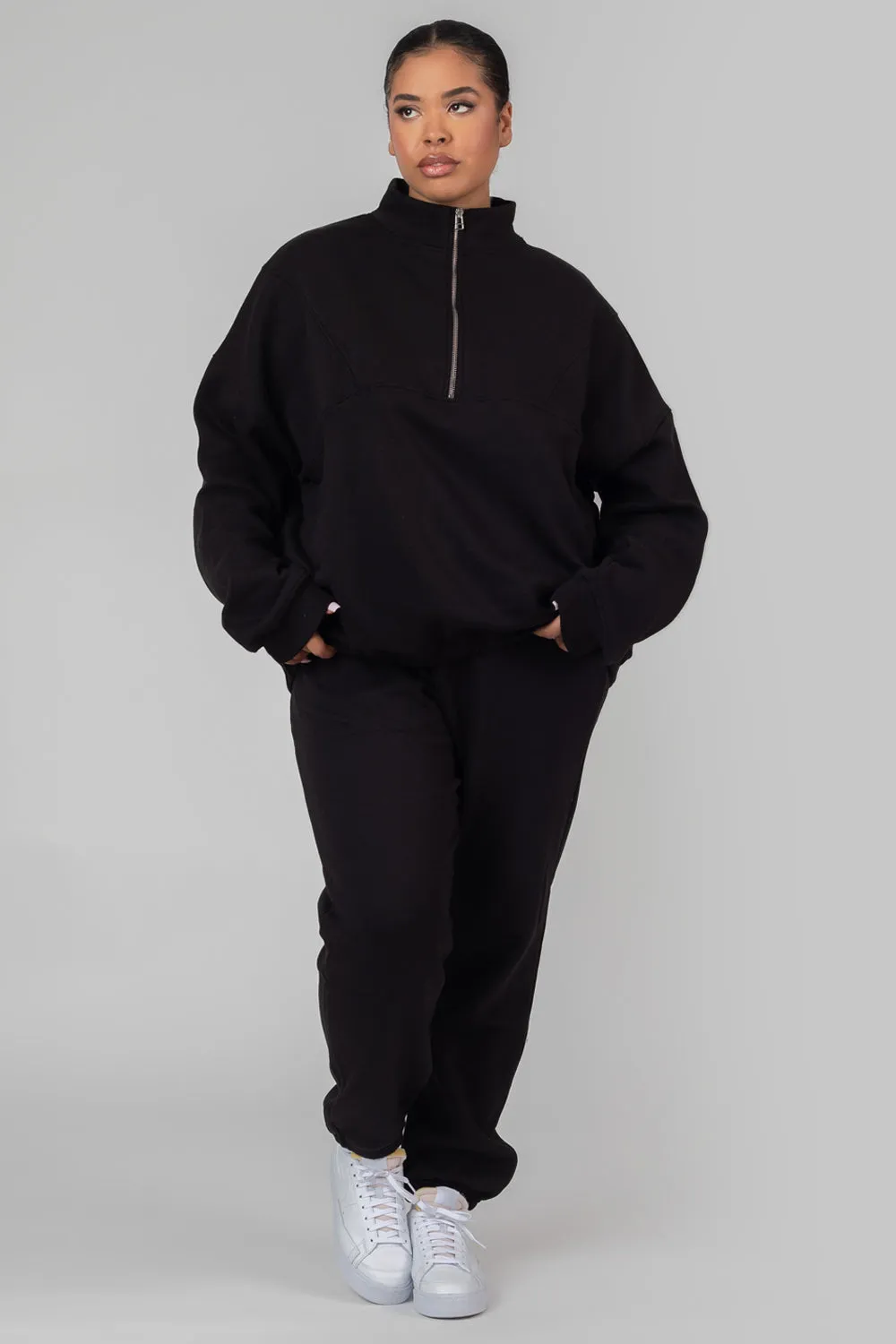 Curve Oversized Half Zip Pullover Pocket Front Sweatshirt Black