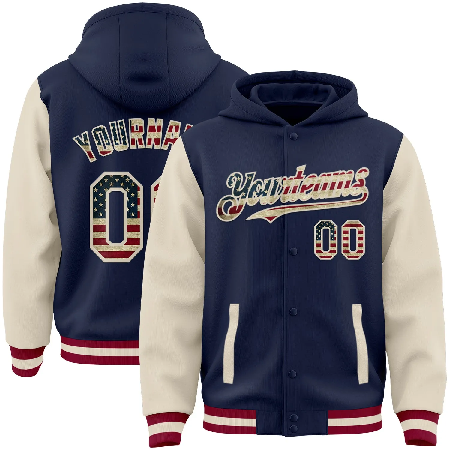 Custom Navy Vintage USA Flag Cream-Maroon Bomber Full-Snap Varsity Letterman Two Tone Hoodie Jacket