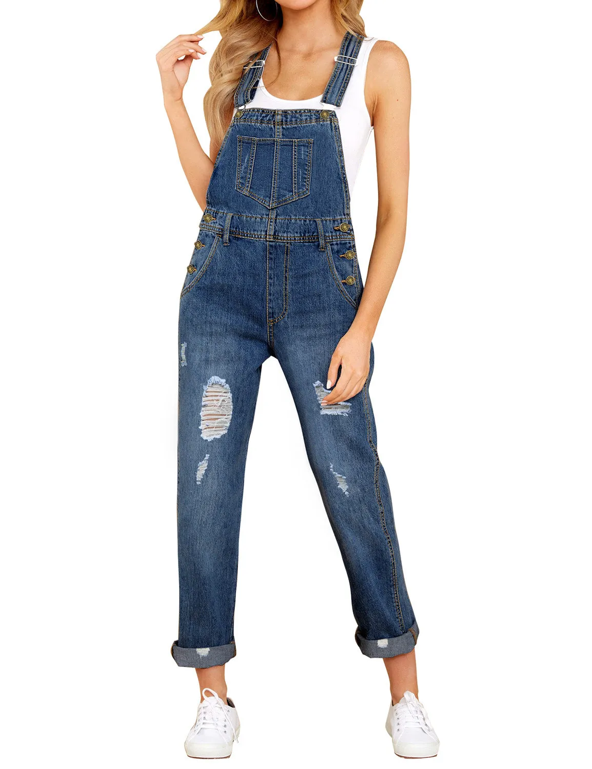 Dark Blue Cuffed Hem Ripped Bib Denim Overall Jumpsuit