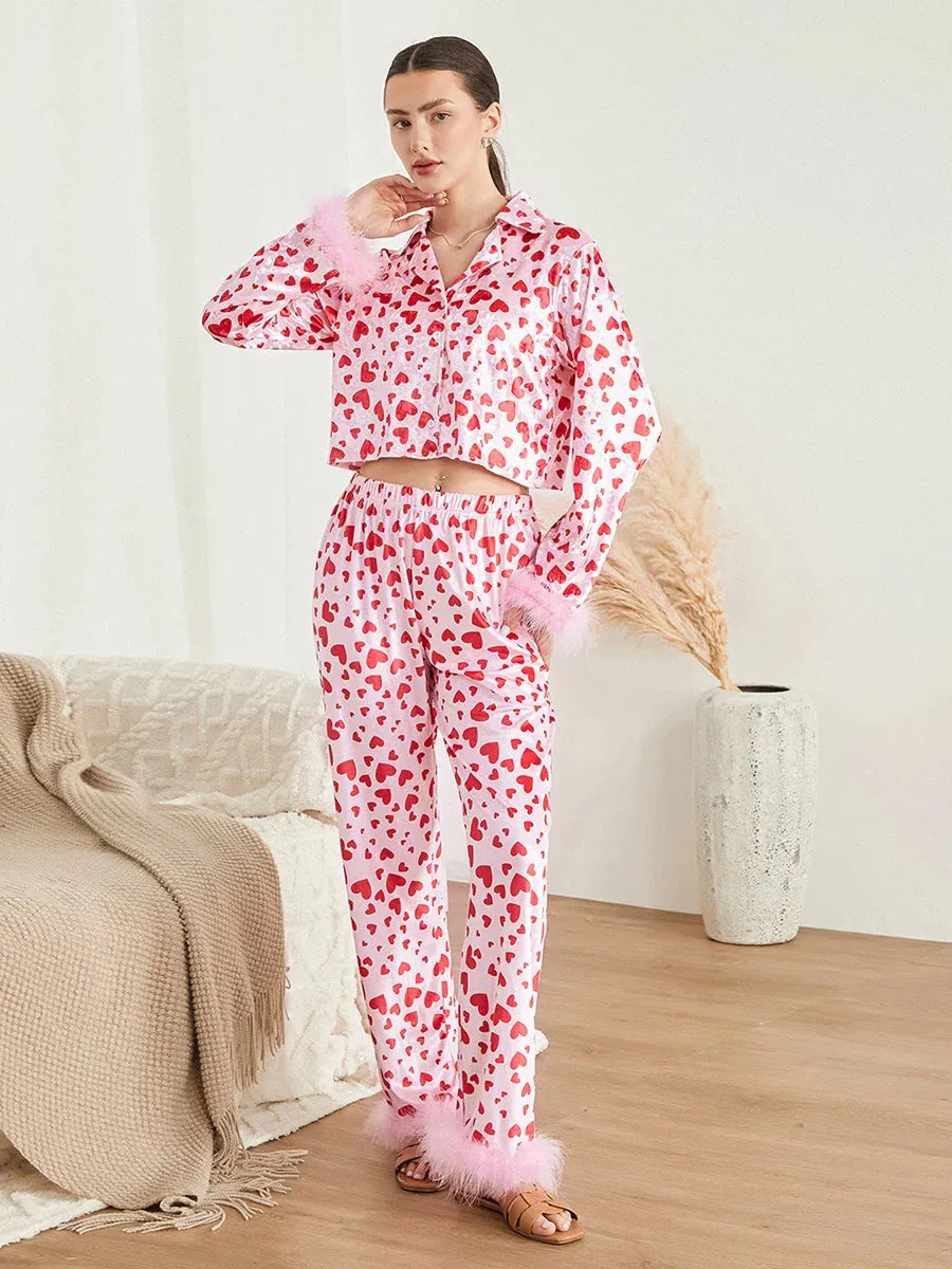 Day Satin Silk Heart Love Printed Long Sleeve Valentine's Pajamas