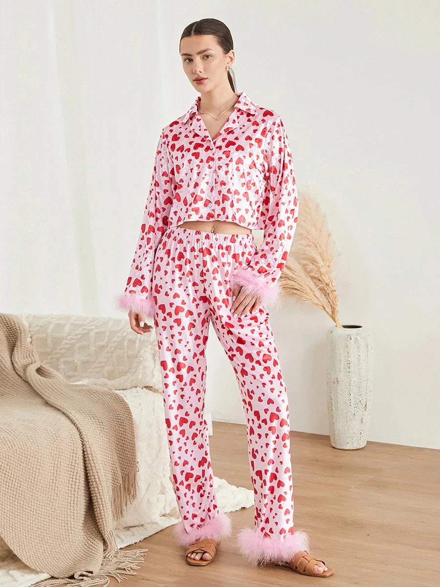 Day Satin Silk Heart Love Printed Long Sleeve Valentine's Pajamas