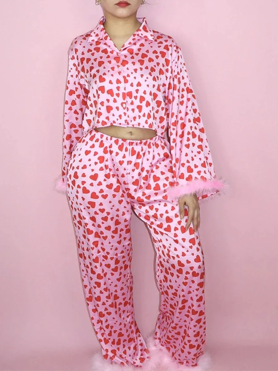 Day Satin Silk Heart Love Printed Long Sleeve Valentine's Pajamas