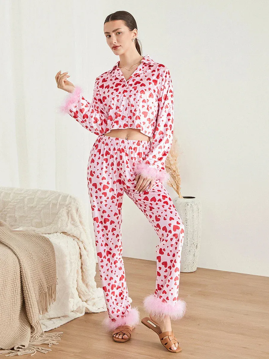 Day Satin Silk Heart Love Printed Long Sleeve Valentine's Pajamas