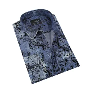 Distressed Denim  Button Down  Paisley Print W/ Slight Flocking