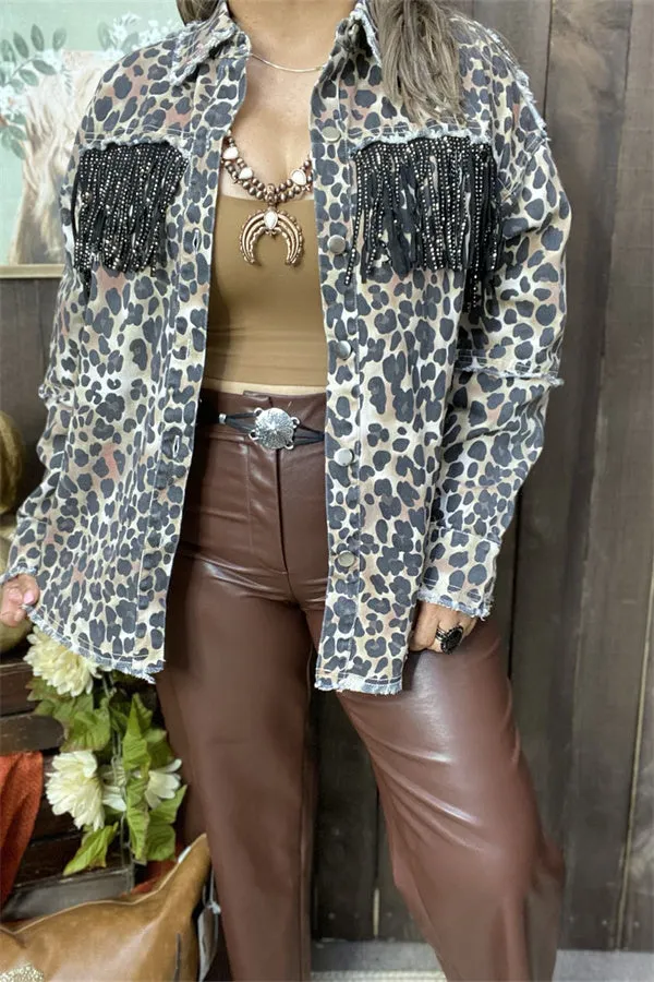 DLH13755 Leopard printed with front&back rhinestone black tassel/fringe long sleeve women coat/jacket