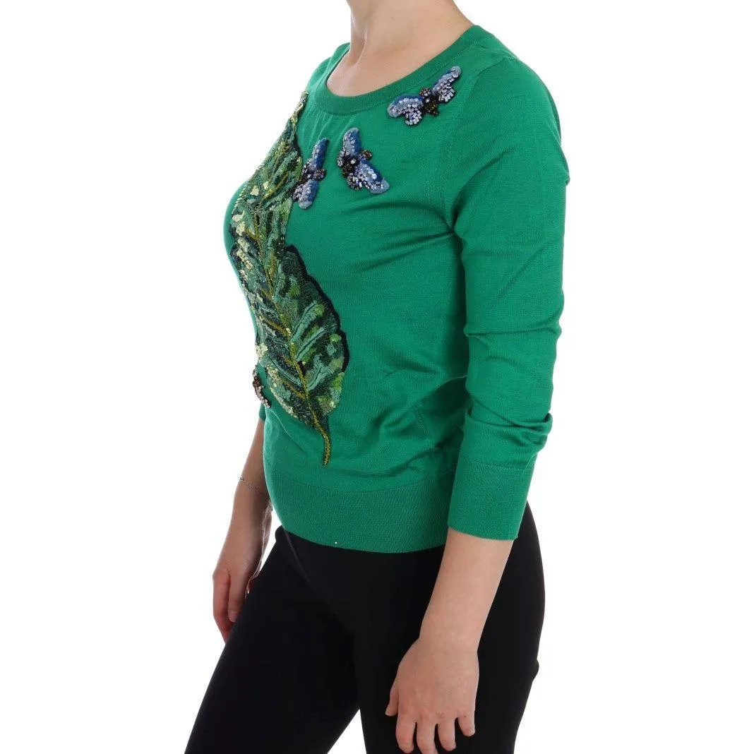 Dolce & Gabbana Embellished Green Silk Pullover Sweater