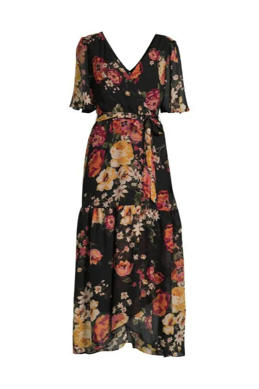 Donna Ricco Floral Flutter Sleeve Chiffon Maxi Dress