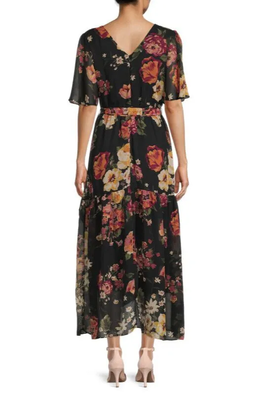 Donna Ricco Floral Flutter Sleeve Chiffon Maxi Dress