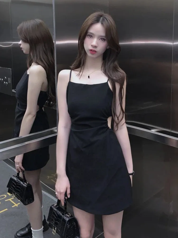 Dresses Women Hotsweet Spaghetti Strap Fashion Hollow Out Chic Summer Casual Streetwear Mini Korean Style Female Black Ulzzang