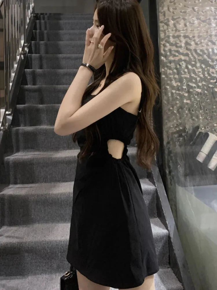 Dresses Women Hotsweet Spaghetti Strap Fashion Hollow Out Chic Summer Casual Streetwear Mini Korean Style Female Black Ulzzang