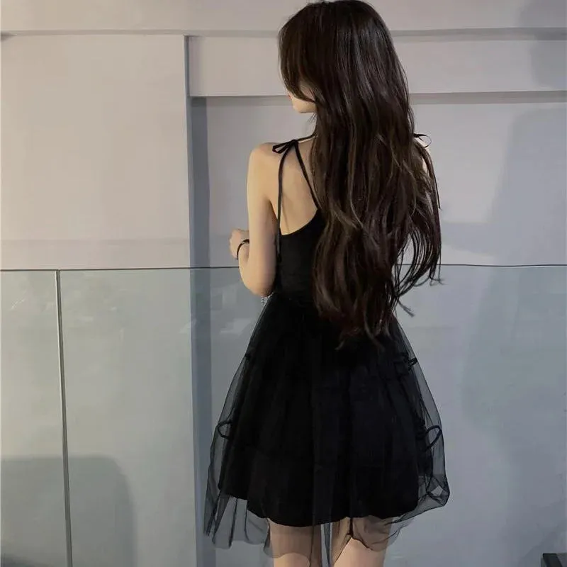 Dresses Women Mesh Spaghetti Strap Hotsweet Ball Gown Princess Lace-up Stylish Korean Style Mini Ins Summer Backless Temperament