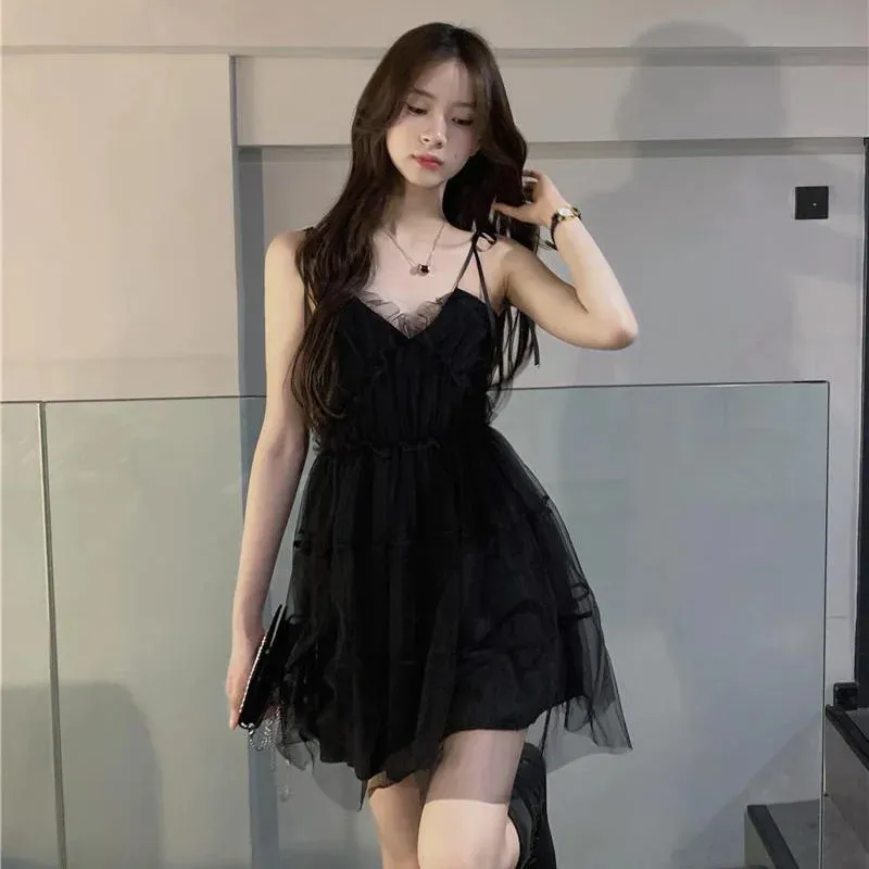 Dresses Women Mesh Spaghetti Strap Hotsweet Ball Gown Princess Lace-up Stylish Korean Style Mini Ins Summer Backless Temperament