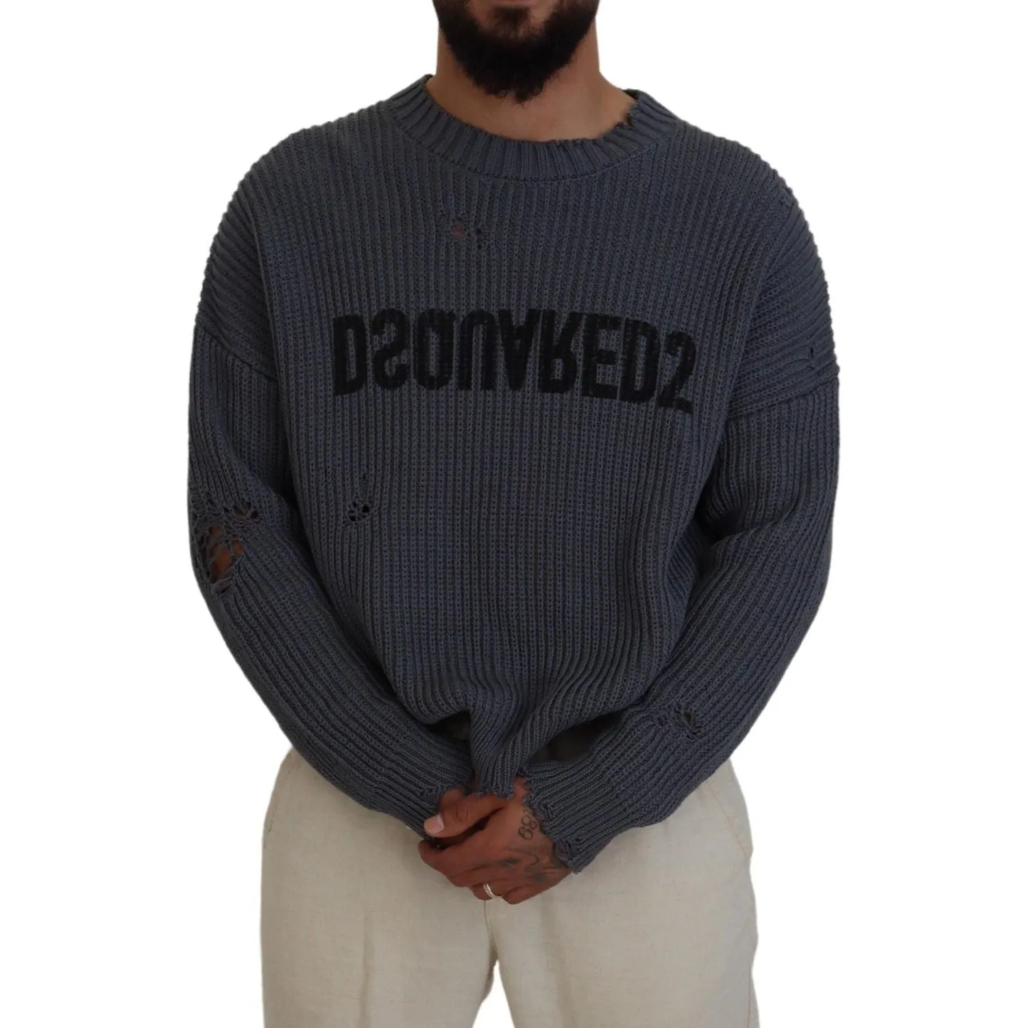 Dsquared² Gray Men Tattered Knitted Pullover Sweater