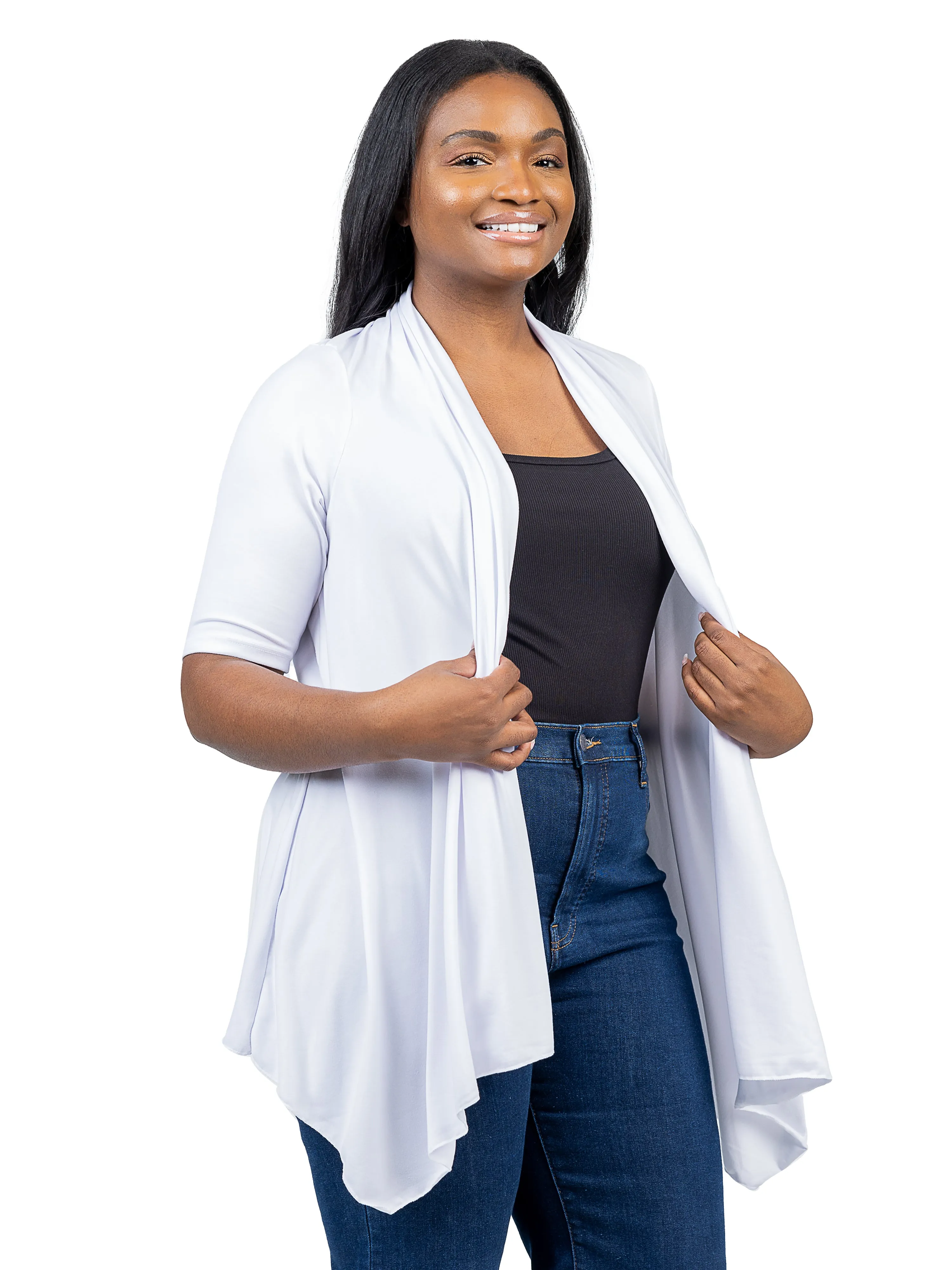 Elbow Length Sleeve Open Front Plus Size Cardigan