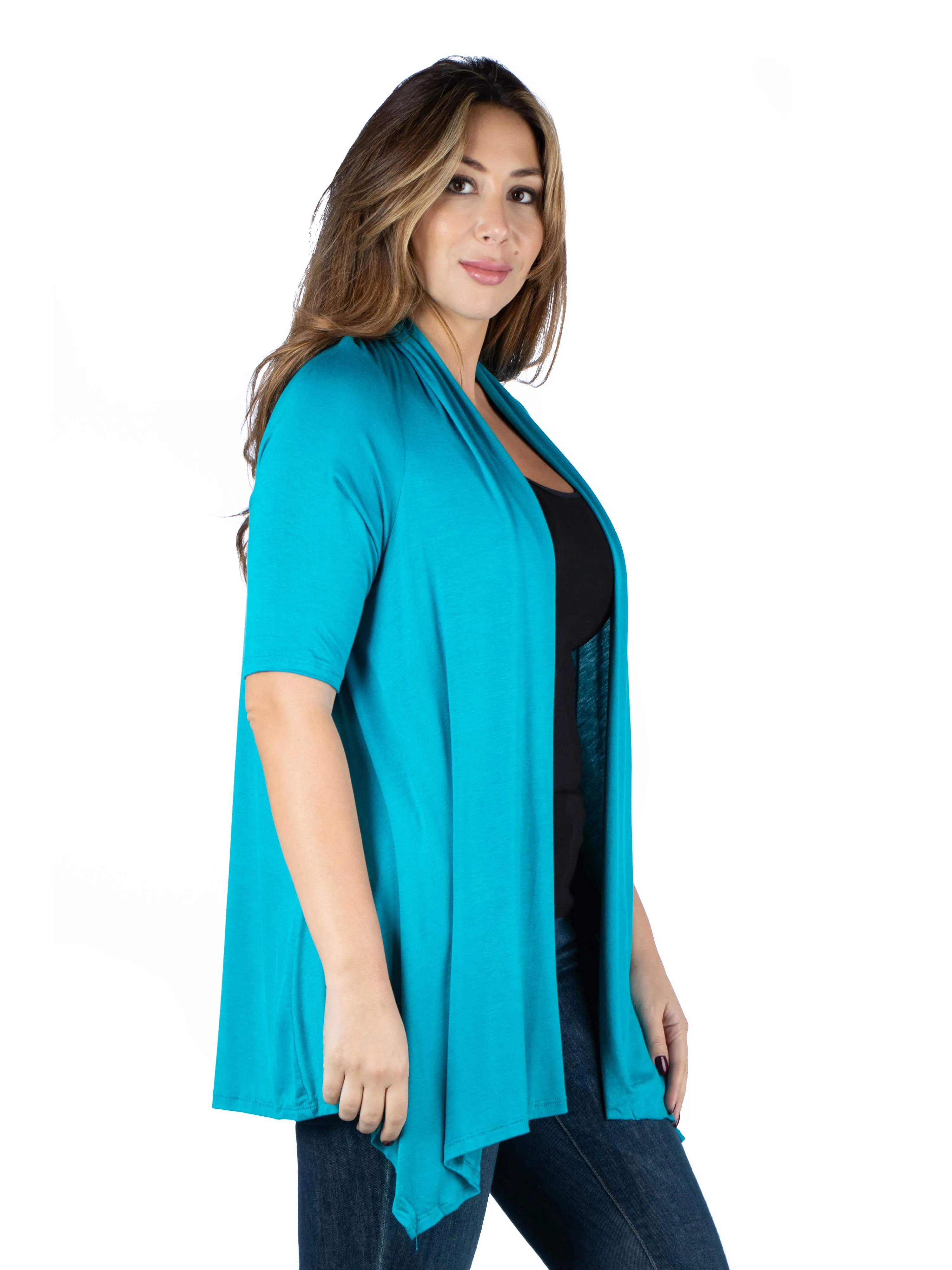 Elbow Length Sleeve Open Front Plus Size Cardigan