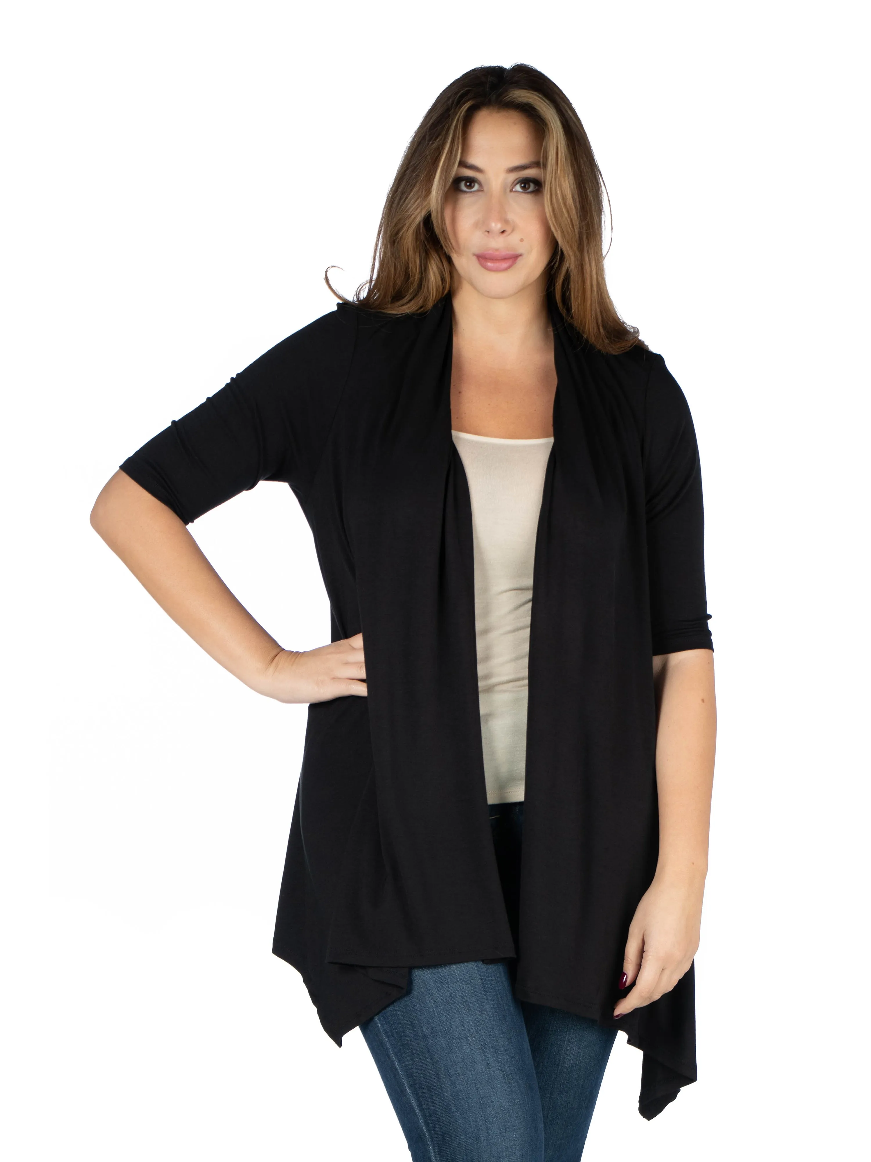 Elbow Length Sleeve Open Front Plus Size Cardigan