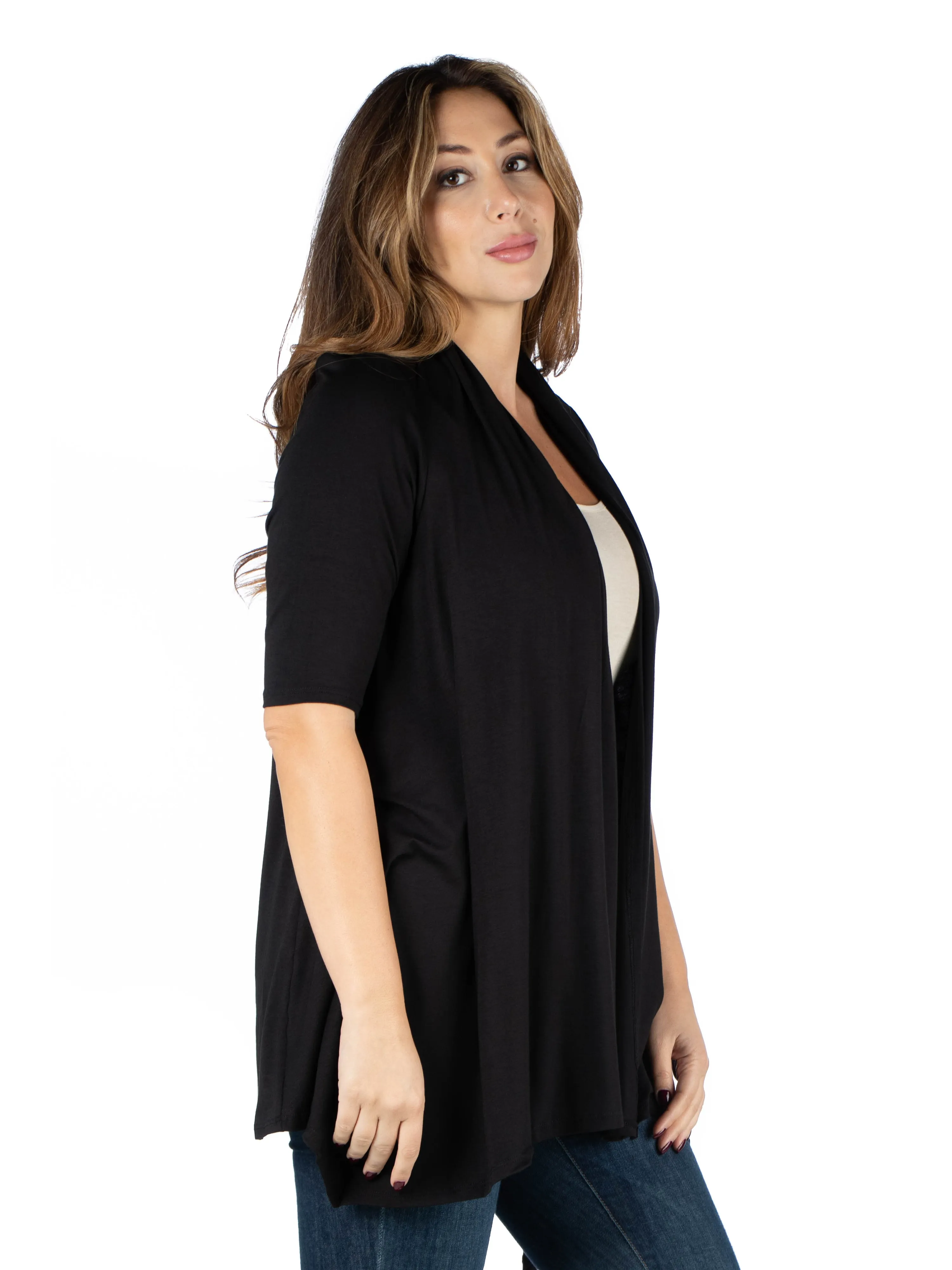 Elbow Length Sleeve Open Front Plus Size Cardigan