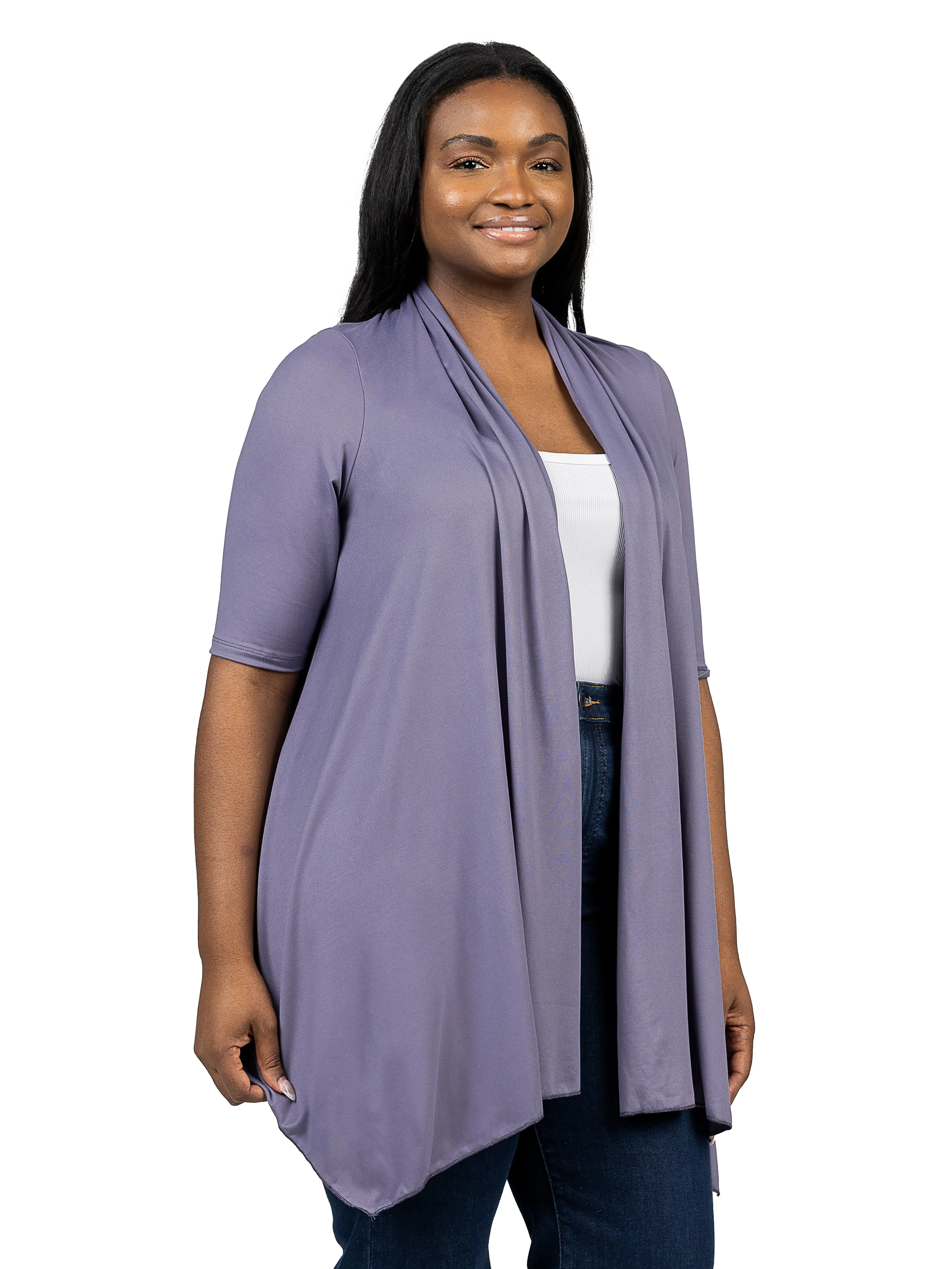 Elbow Length Sleeve Open Front Plus Size Cardigan