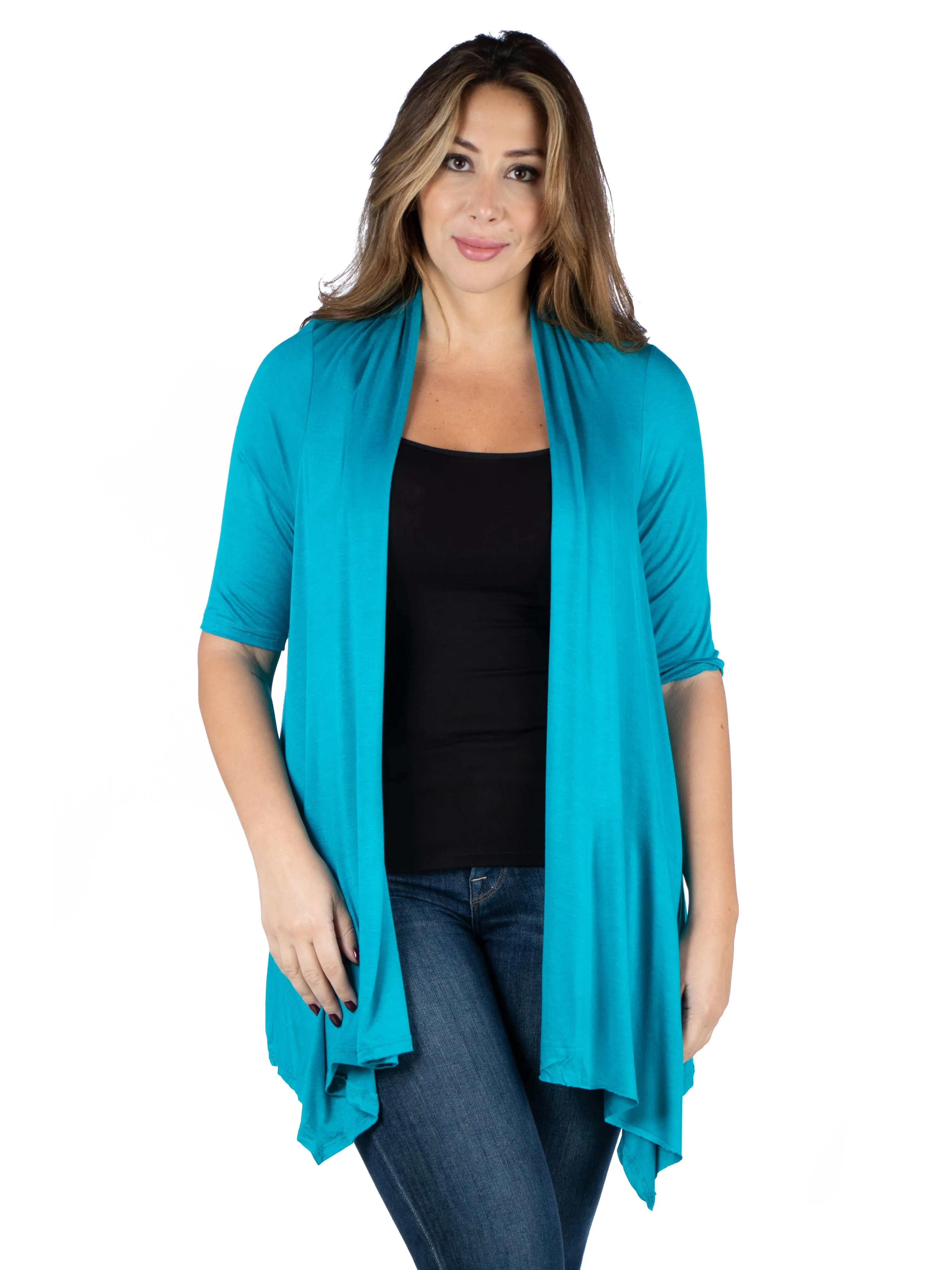 Elbow Length Sleeve Open Front Plus Size Cardigan