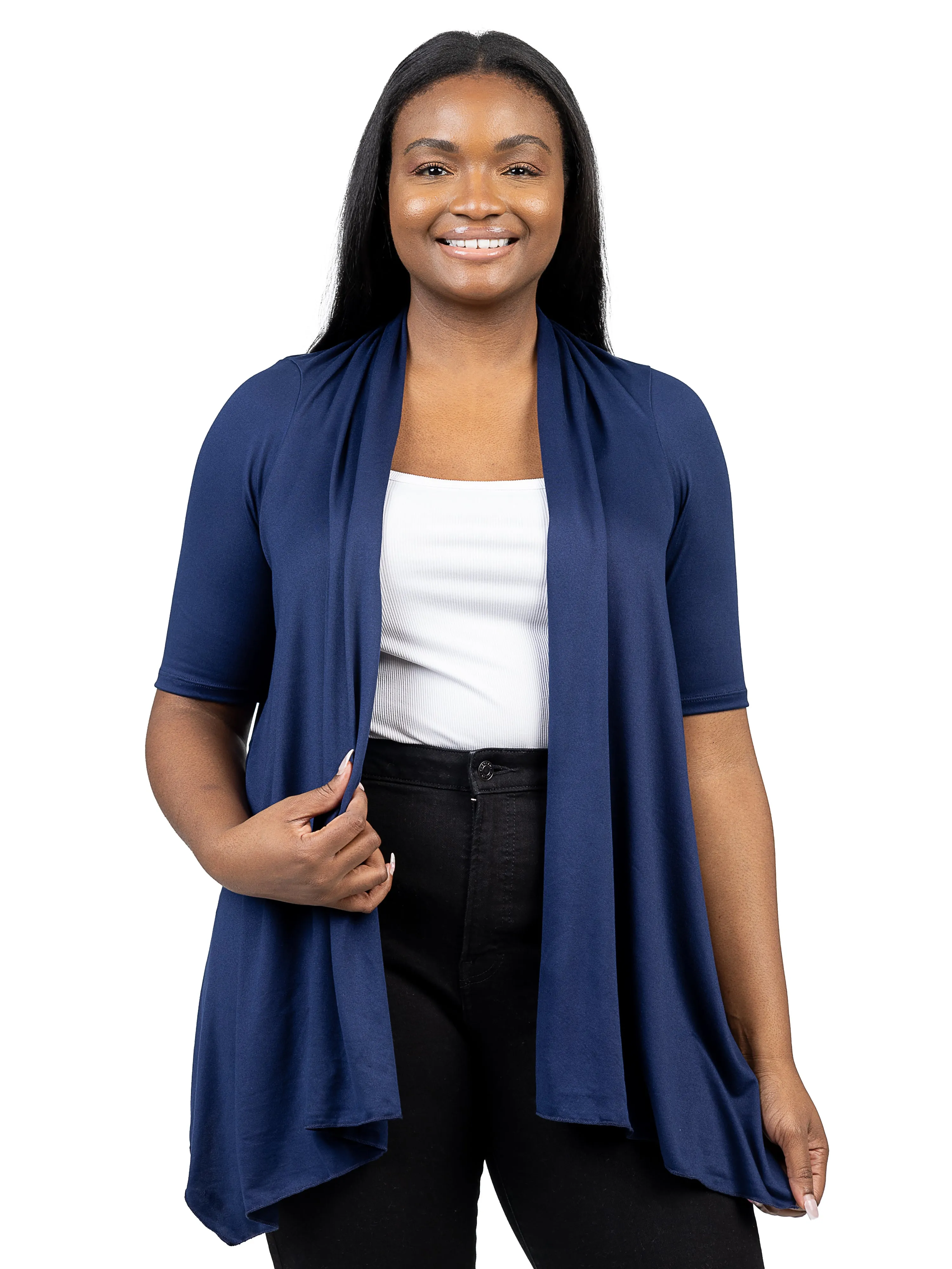 Elbow Length Sleeve Open Front Plus Size Cardigan