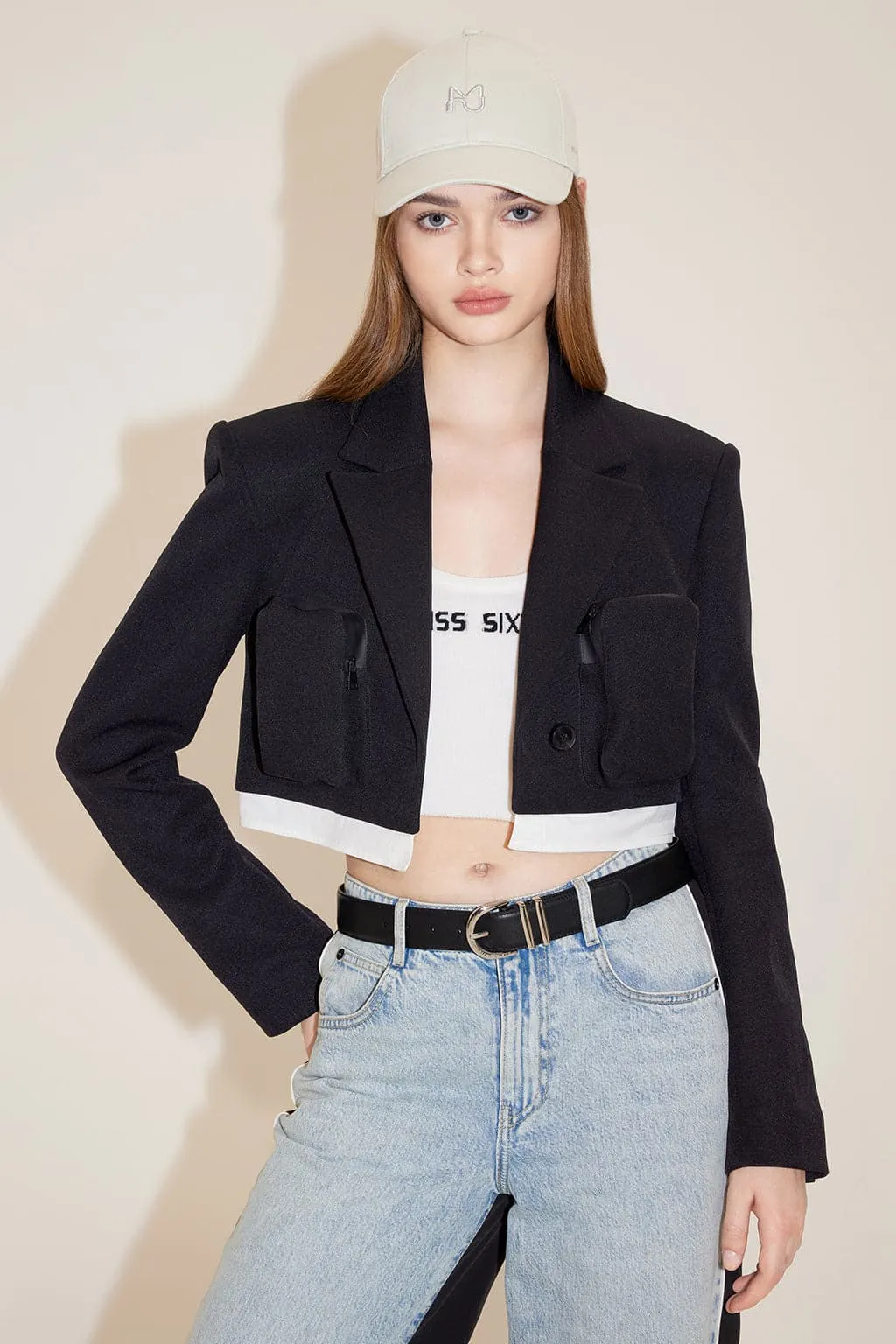 Elegance Cropped Jacket With Shoulder Pads