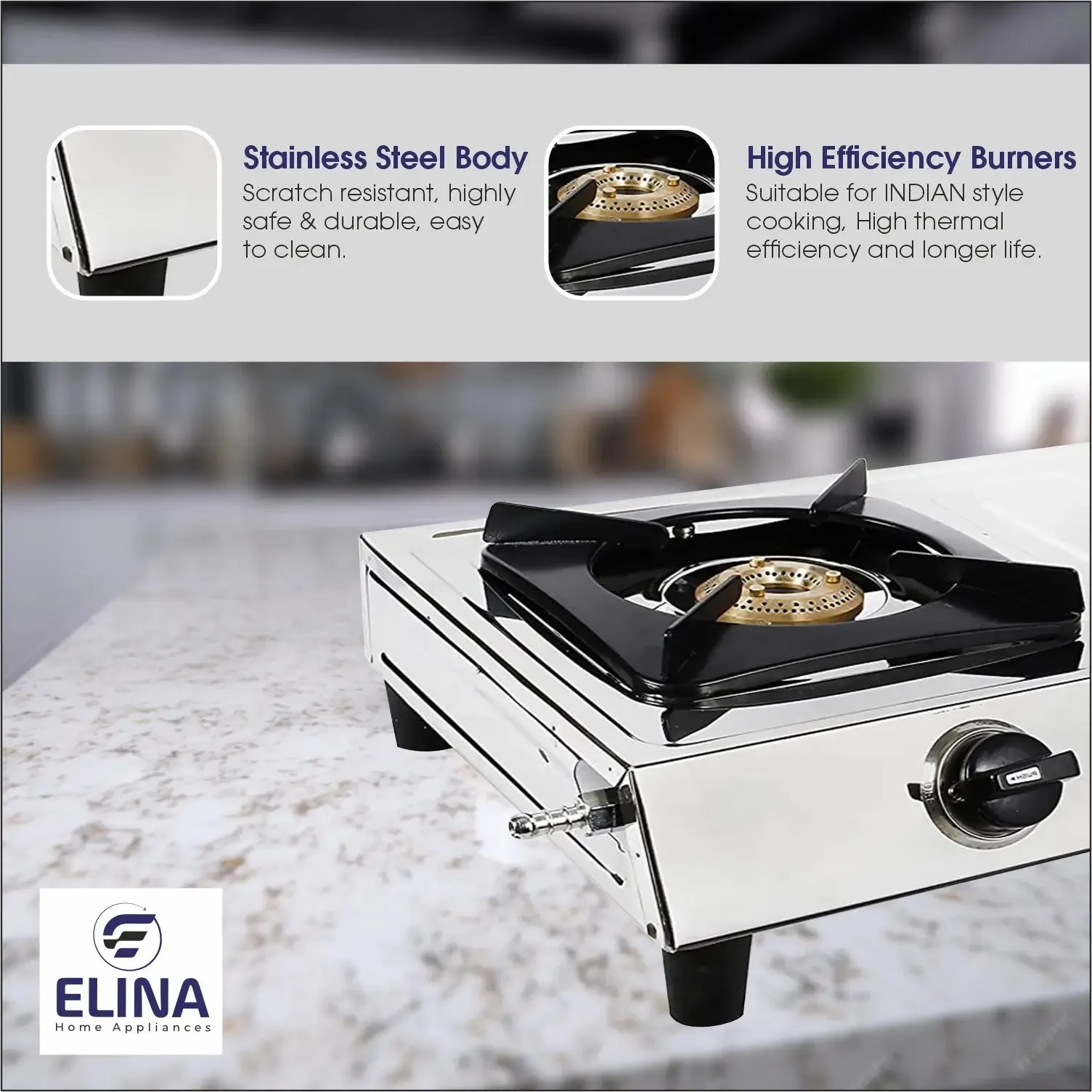 Elina Stainless Steel 2 Burner Gas Stove, ISI Certified, Manual Ignition, Silver