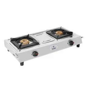 Elina Stainless Steel 2 Burner Gas Stove, ISI Certified, Manual Ignition, Silver