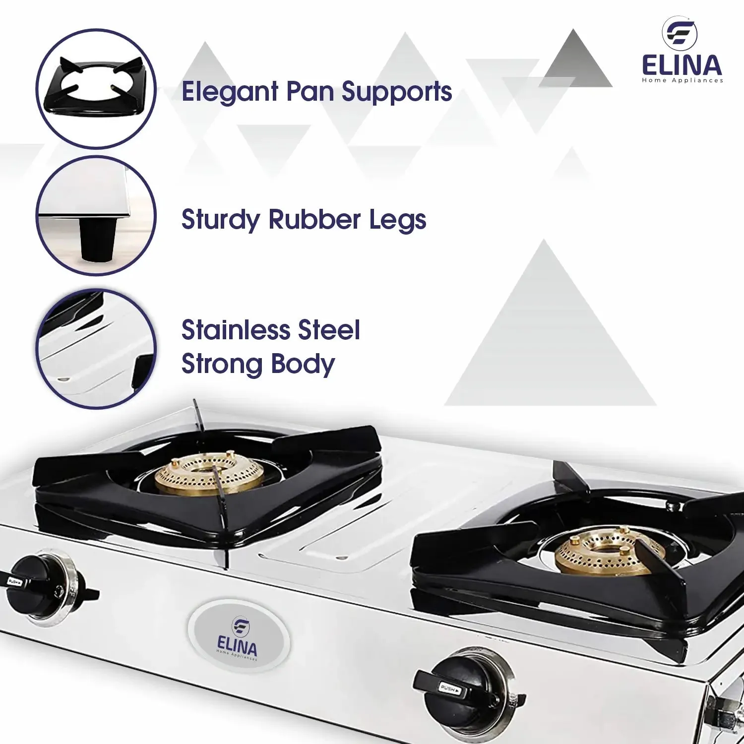 Elina Stainless Steel 2 Burner Gas Stove, ISI Certified, Manual Ignition, Silver