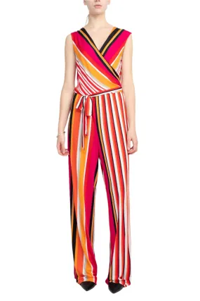 Emma & Michele V-Neck Mock Wrap Top Tie Waist Tripe Print ITY Jumpsuit