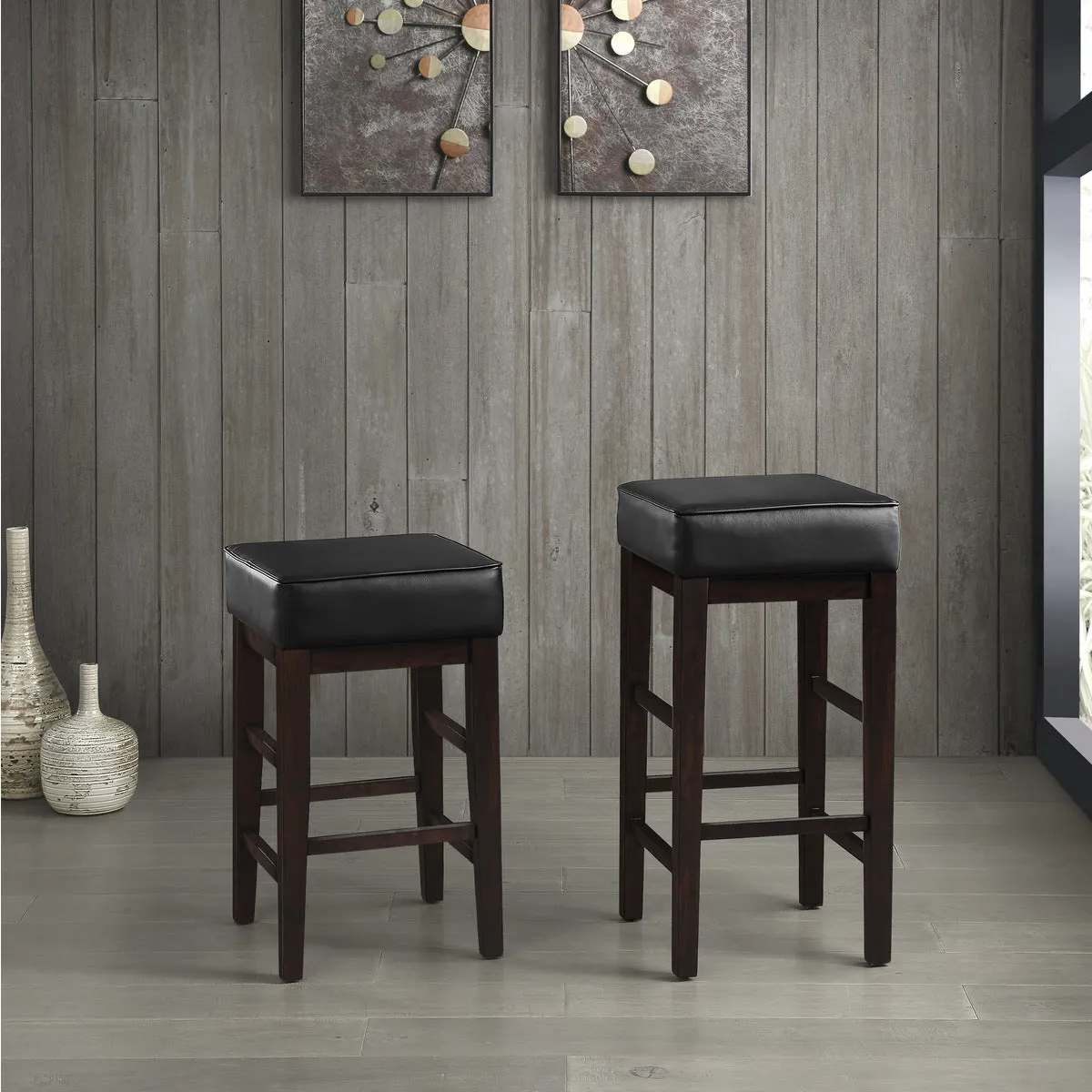 Espresso Finish Counter Height Stool with Black Faux Leather Upholstery - Set of 2