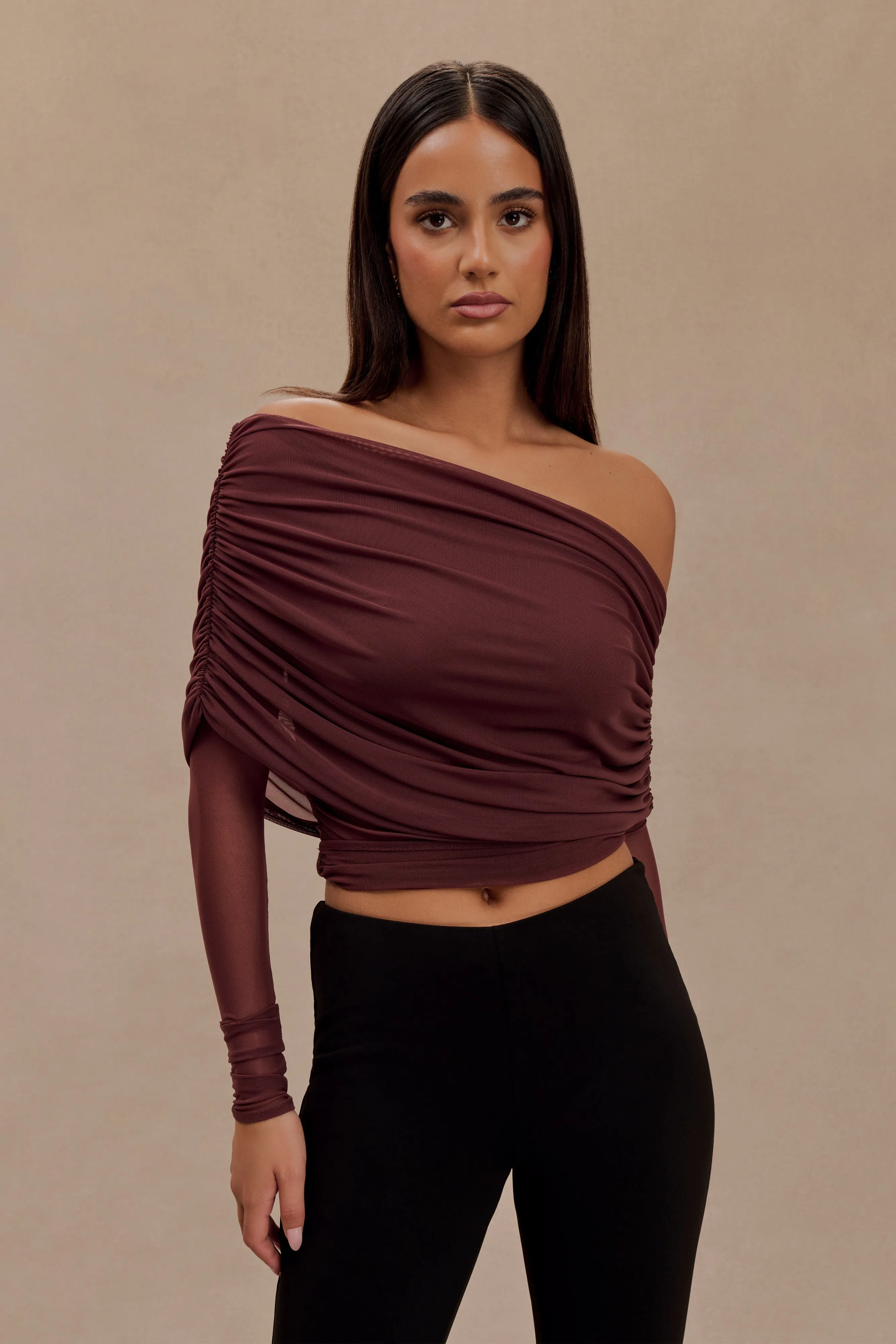 Everly Sheer Mesh Off Shoulder Top - Mahogany