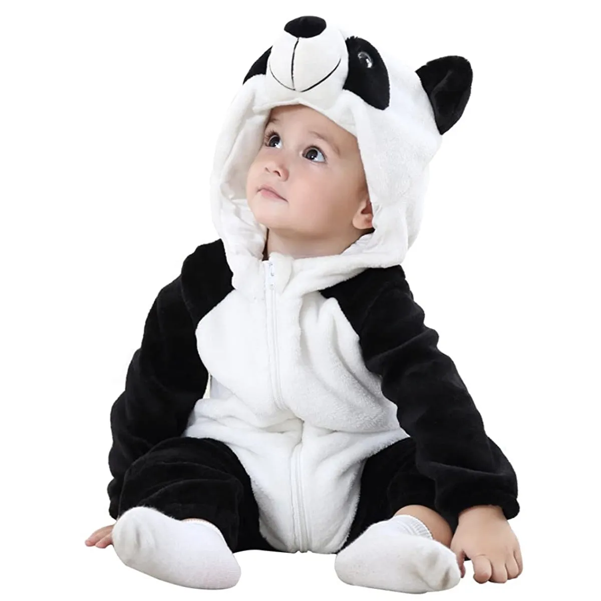 Fancydresswale Unisex Baby Flannel Jumpsuit Panda Style Cosplay Clothes Bunting Outfits Snowsuit Hooded Romper Outwear (Black & White Panda)