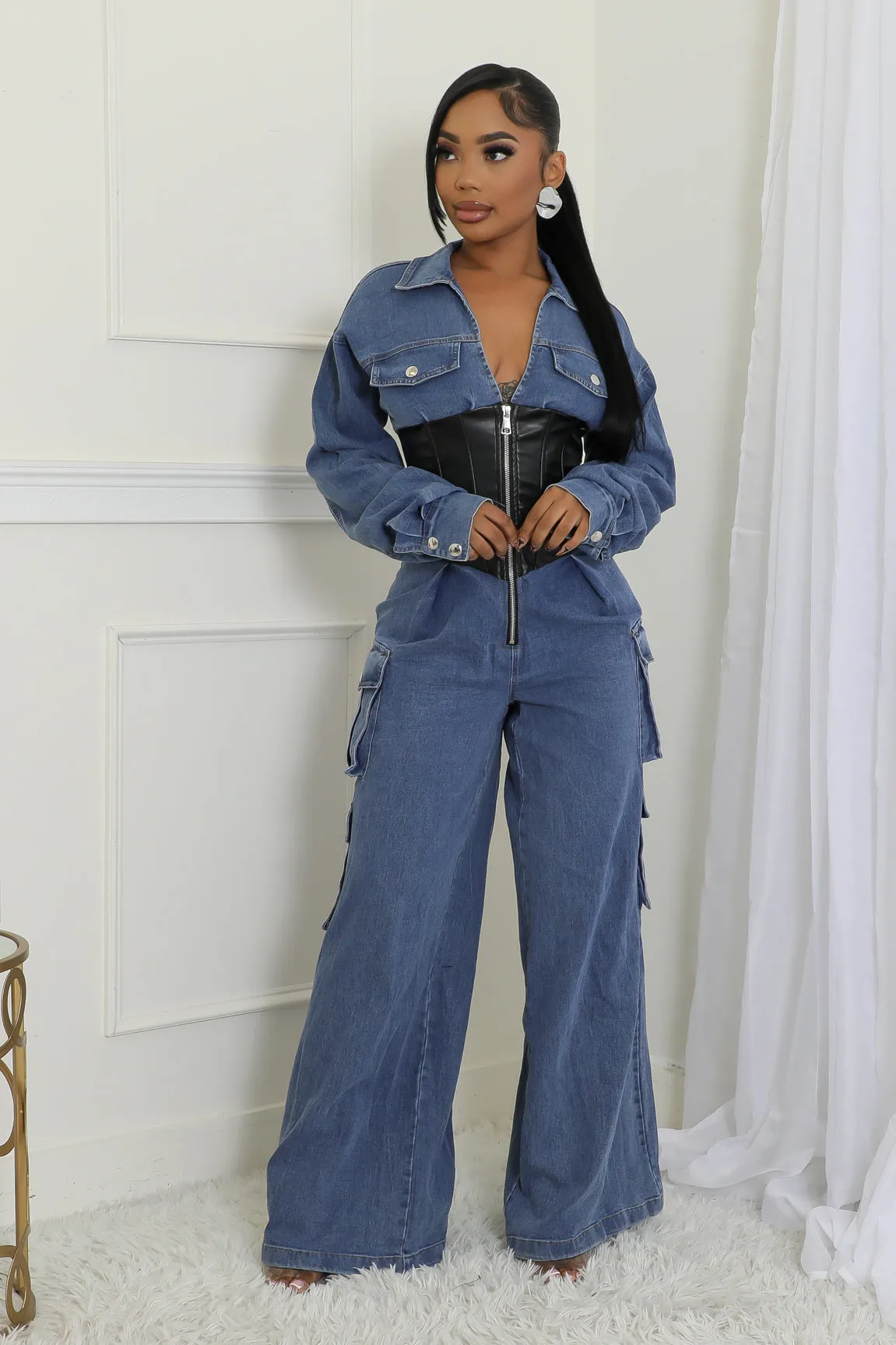 FAUX LEATHER CORSET DENIM CARGO JUMPSUIT