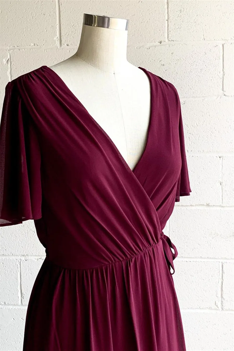 Faux-Wrap V Neck Pleated Chiffon Hi-Low Bridesmaid Dress with Sleeves