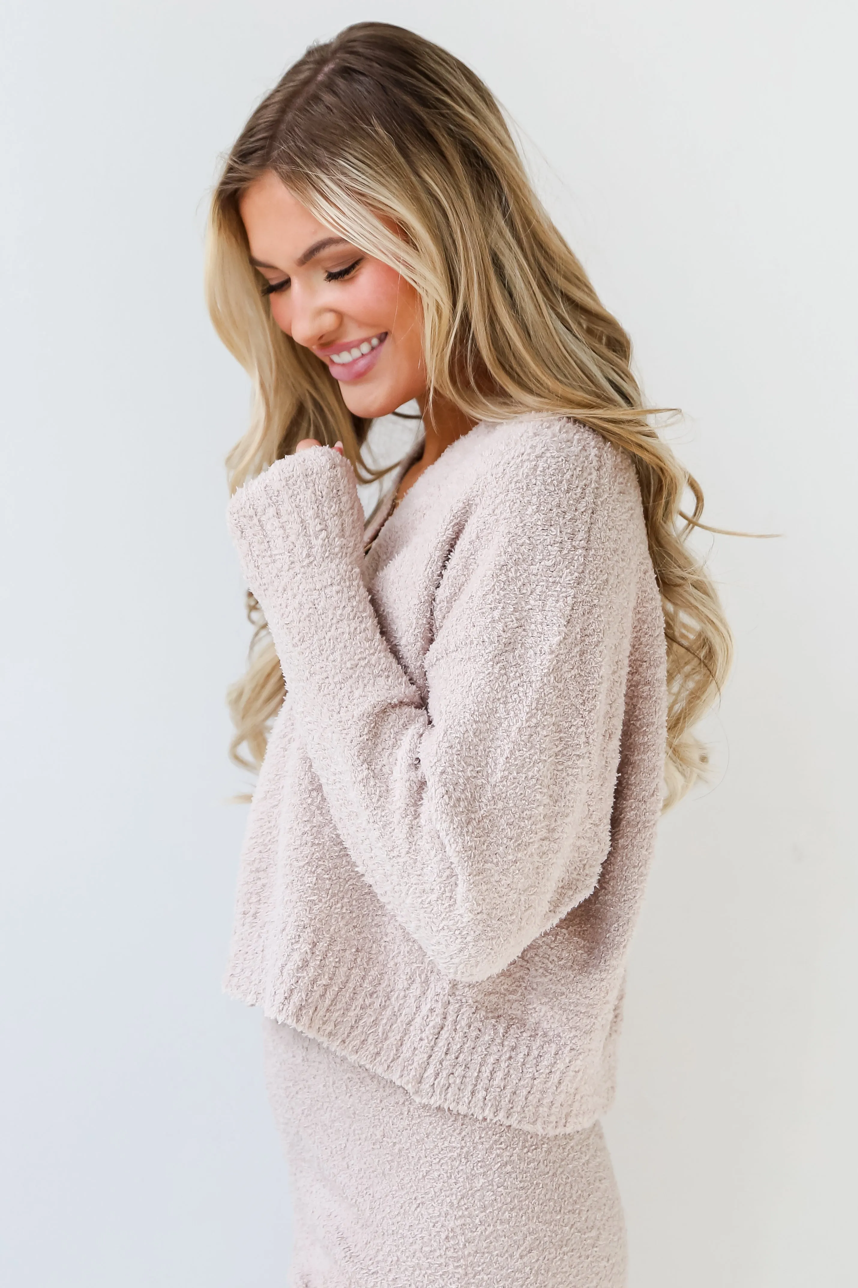 FINAL SALE - Weekends At Home Taupe Fuzzy Knit Sweater Cardigan