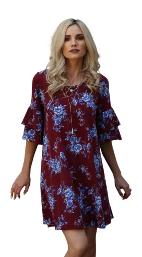 Floral Double Ruffle Sleeve Dress, Plum