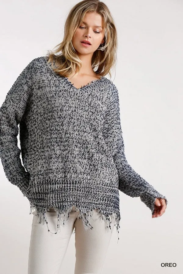 Frayed  Knit Pullover Sweater, Oreo