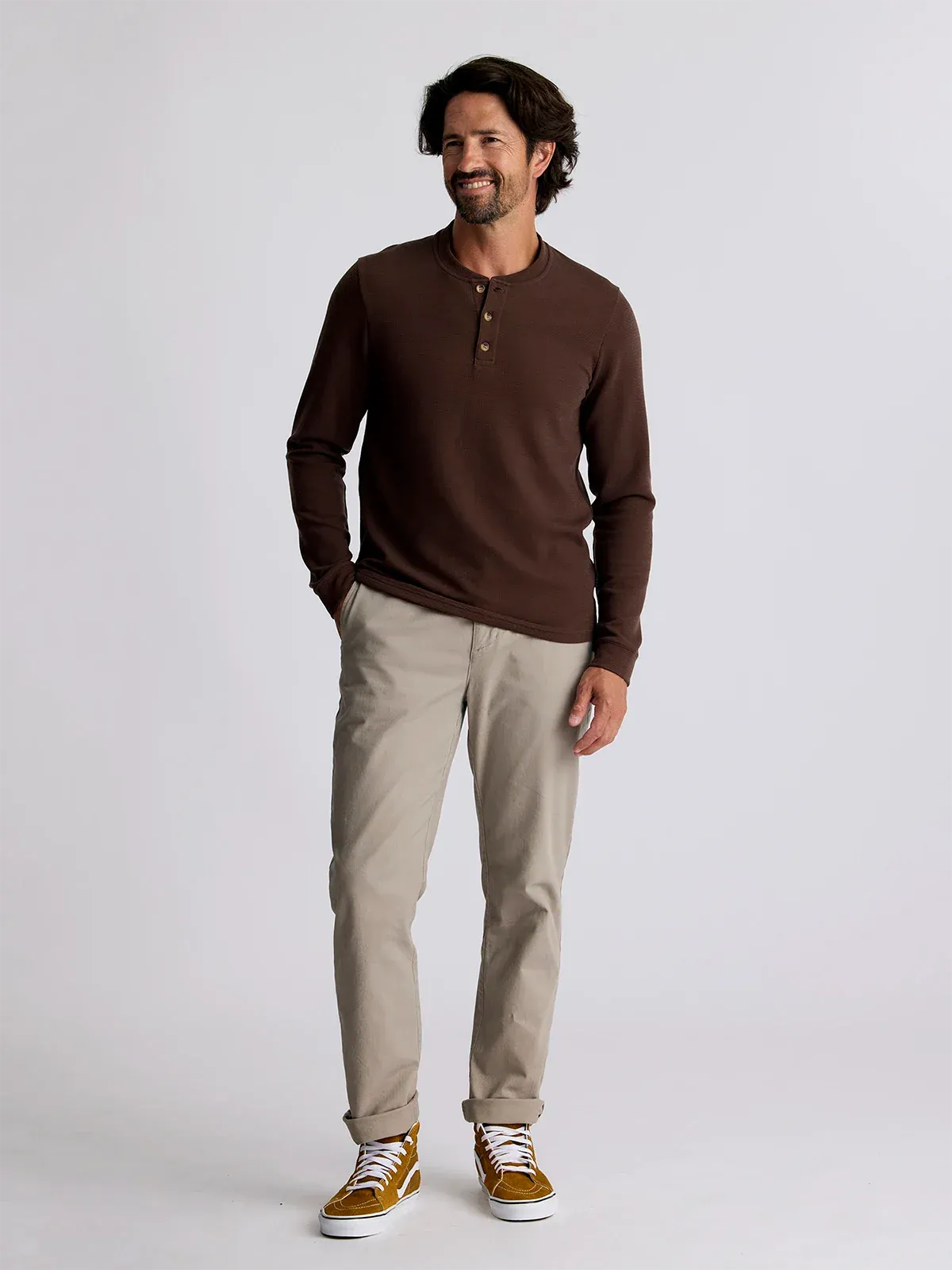 Free Fly Men's Waffle Long Sleeve Henley in Chestnut