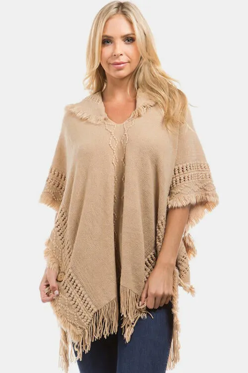 Fringed Crochet Buttoned Hooded Poncho