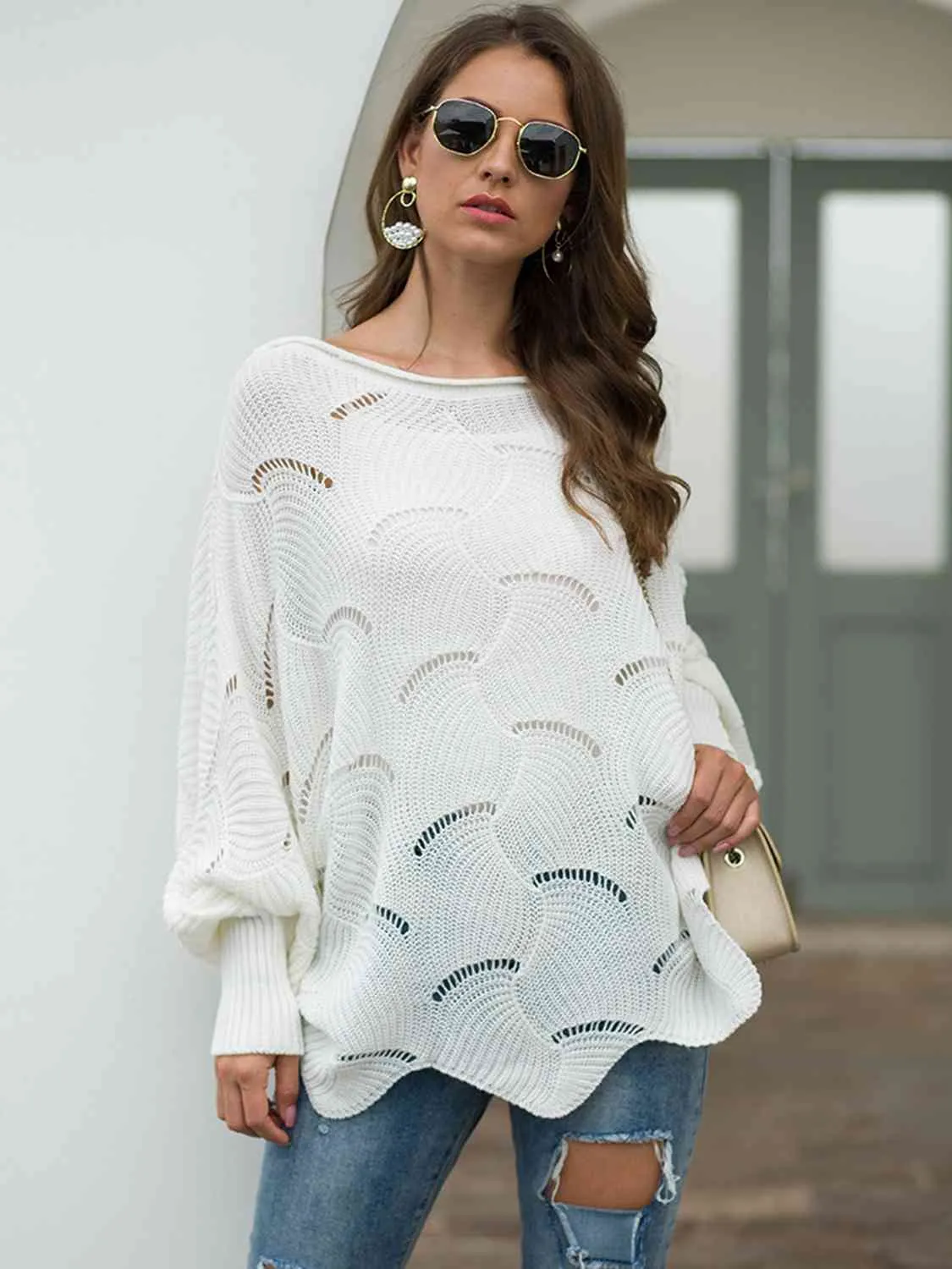 Full Size Boat Neck Lantern Sleeve Openwork Knit Top