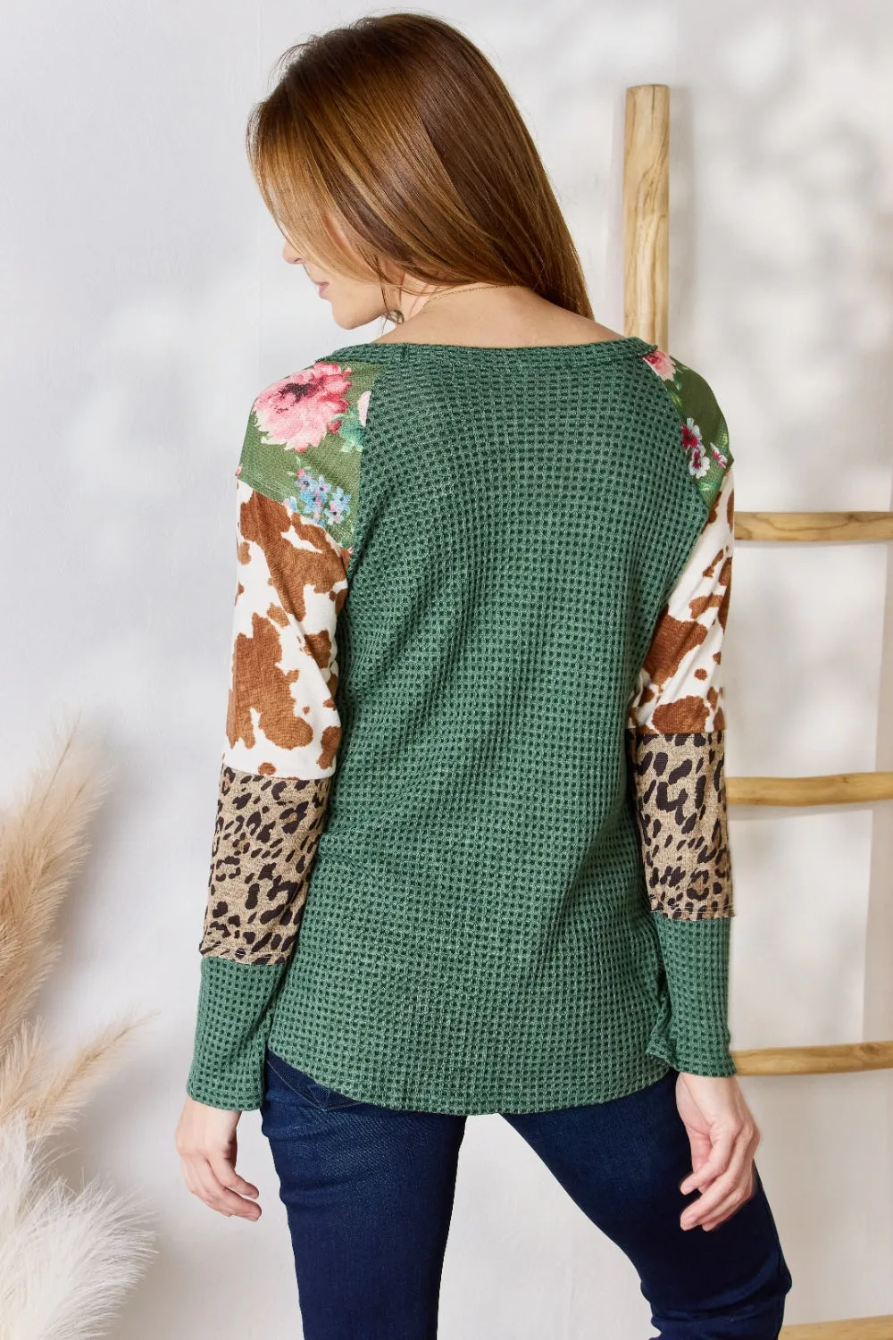 Full Size Waffle-Knit Leopard Blouse