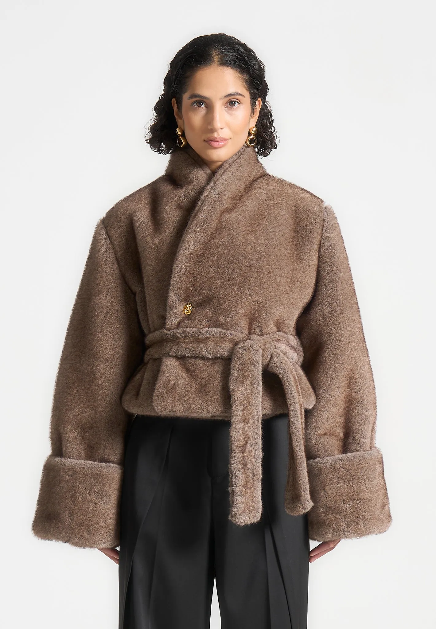 Fur Kimono Tie Jacket - Brown