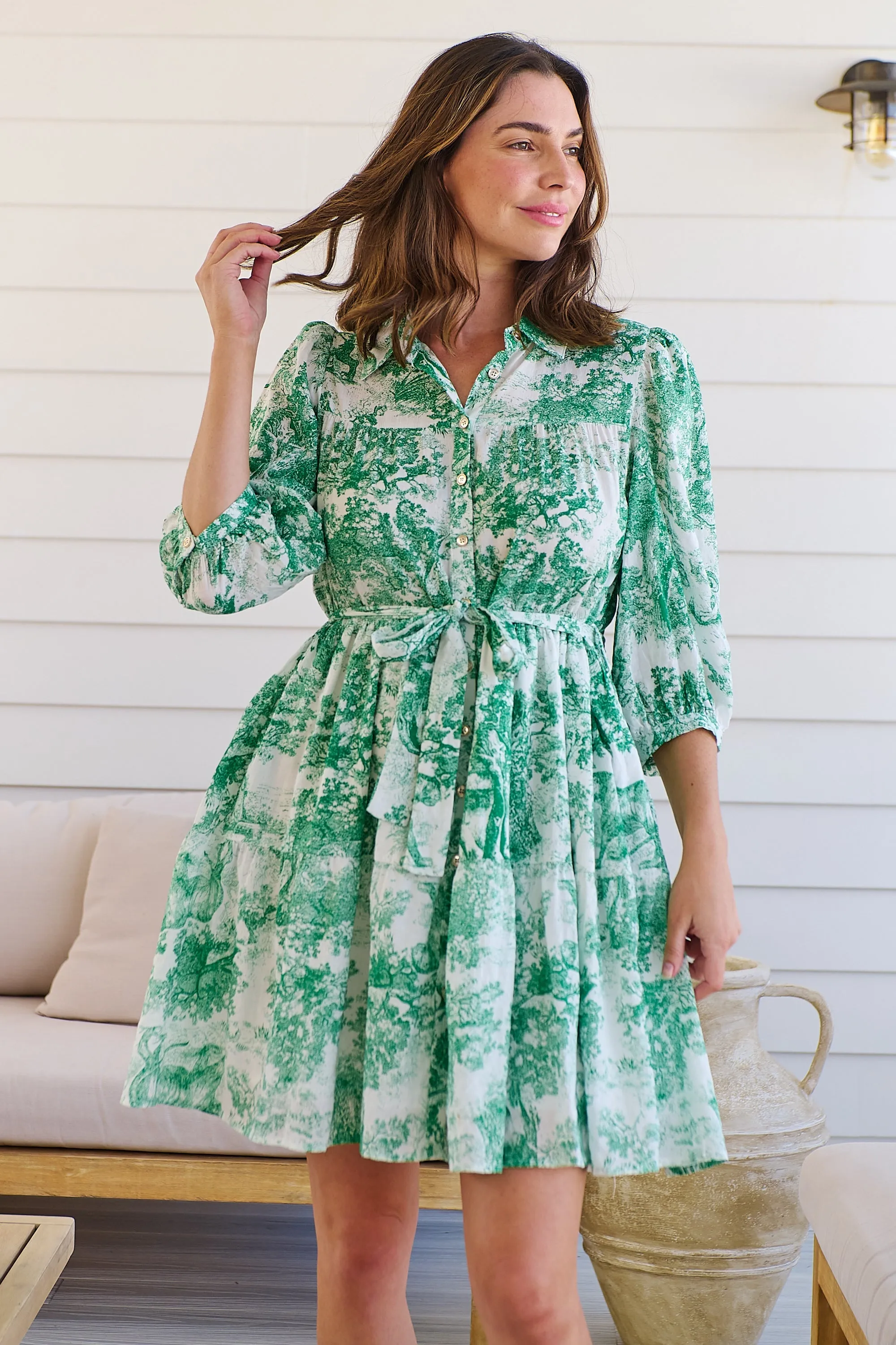 Gabrielle 3/4 Sleeve White/Green Print Collared Dress