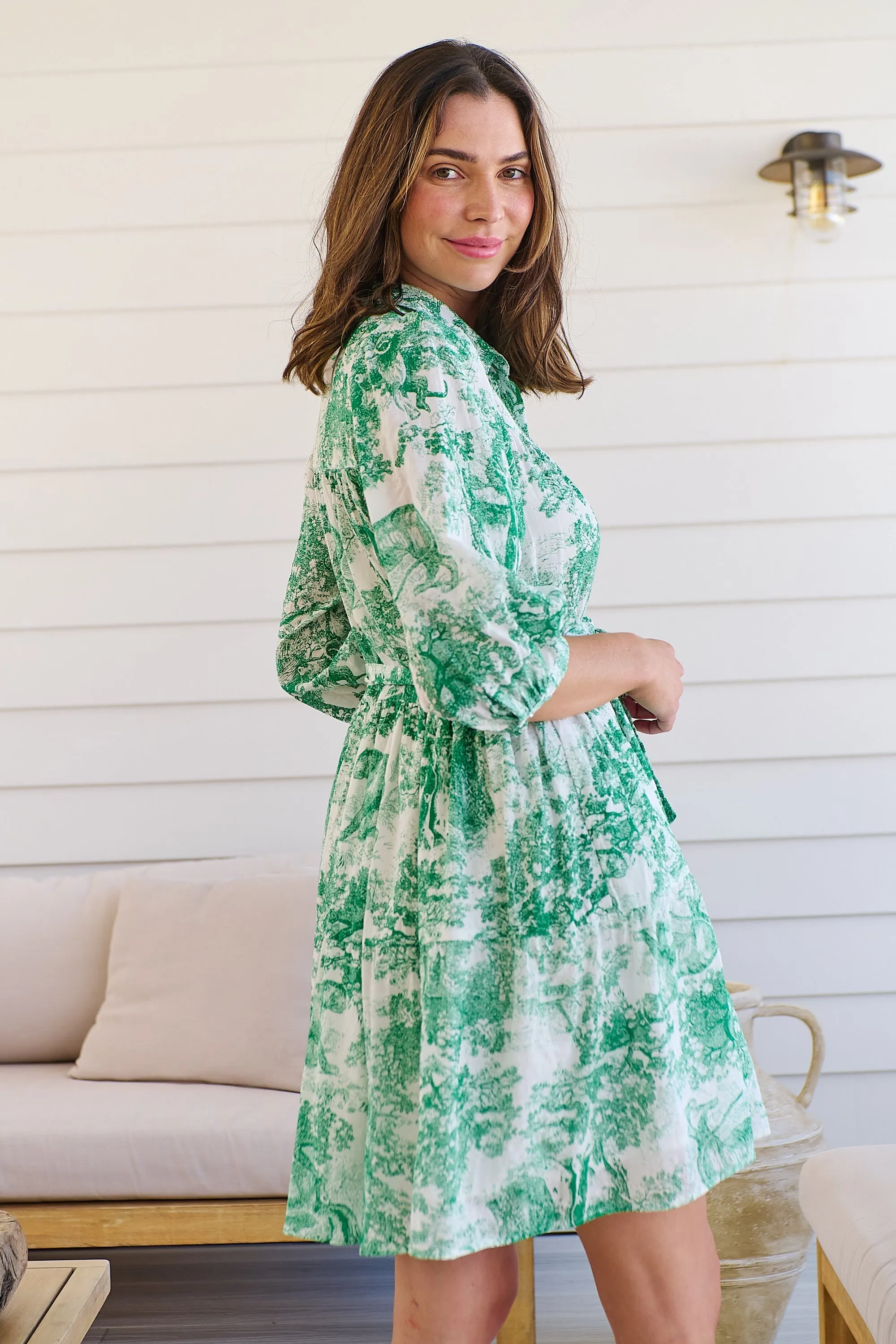 Gabrielle 3/4 Sleeve White/Green Print Collared Dress