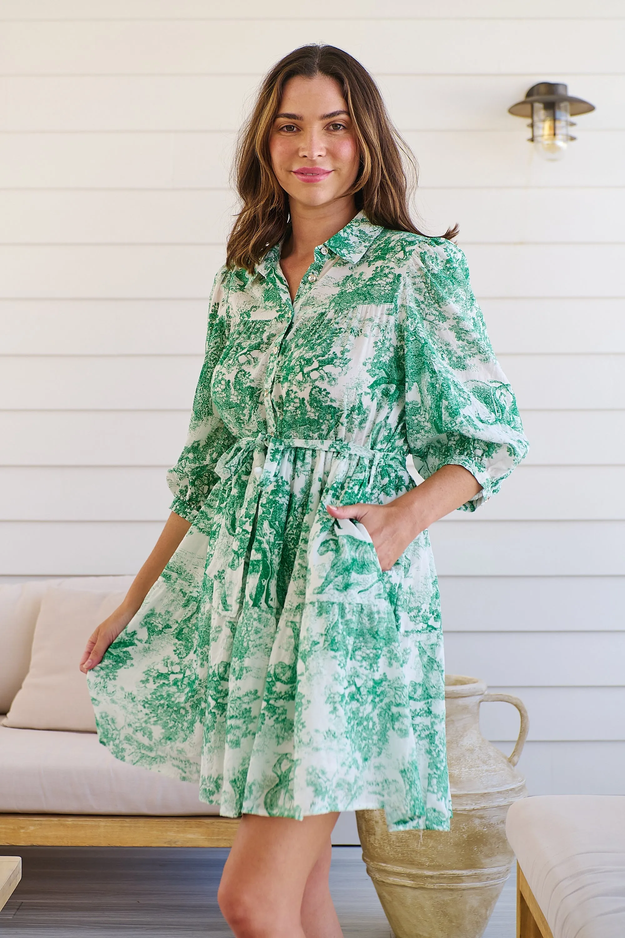 Gabrielle 3/4 Sleeve White/Green Print Collared Dress